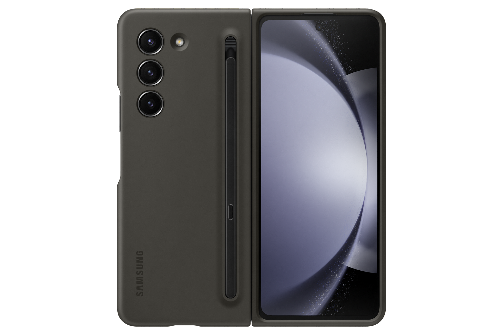 갤럭시 Z 폴드5 슬림 S펜 케이스 (블랙) 제품에 갤럭시 Z 폴드를 장착하여 펼친 정면 이미지