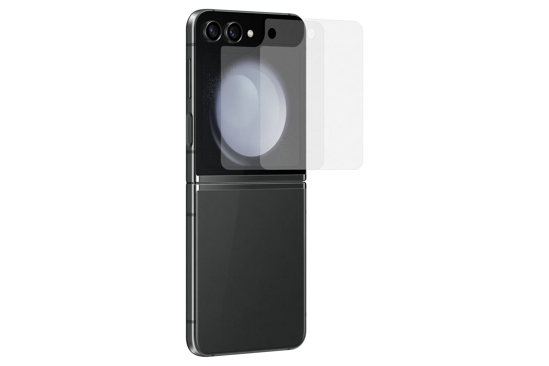 갤럭시 Z 플립5 스크린 프로텍터 (투명) 제품에 갤럭시 Z 플립을 장착하는 오른쪽 회전 이미지
