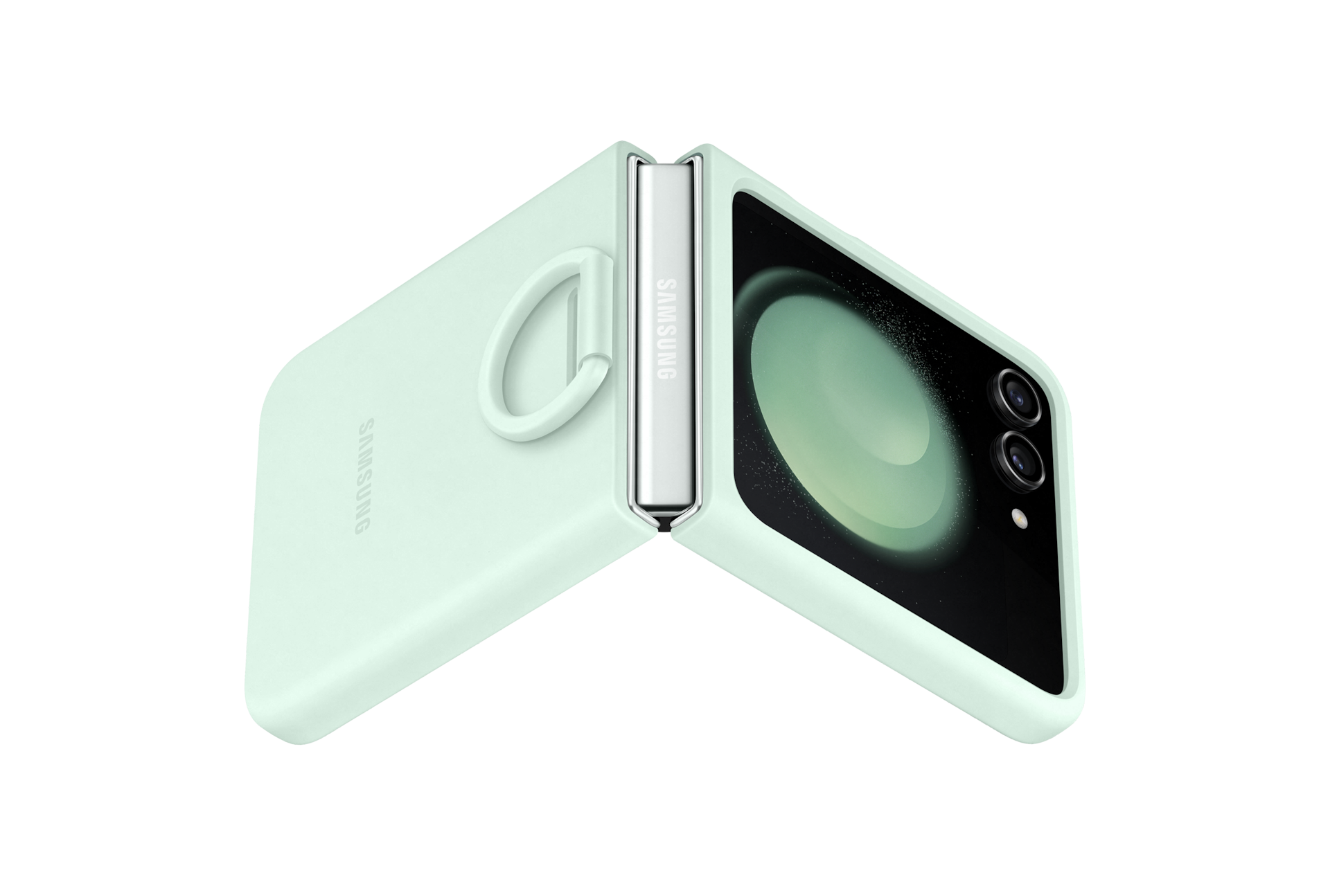 갤럭시 Z 플립5 실리콘 케이스 with 링 (민트) 제품에 갤럭시 Z 플립을 장착 후 45도 접은 이미지 