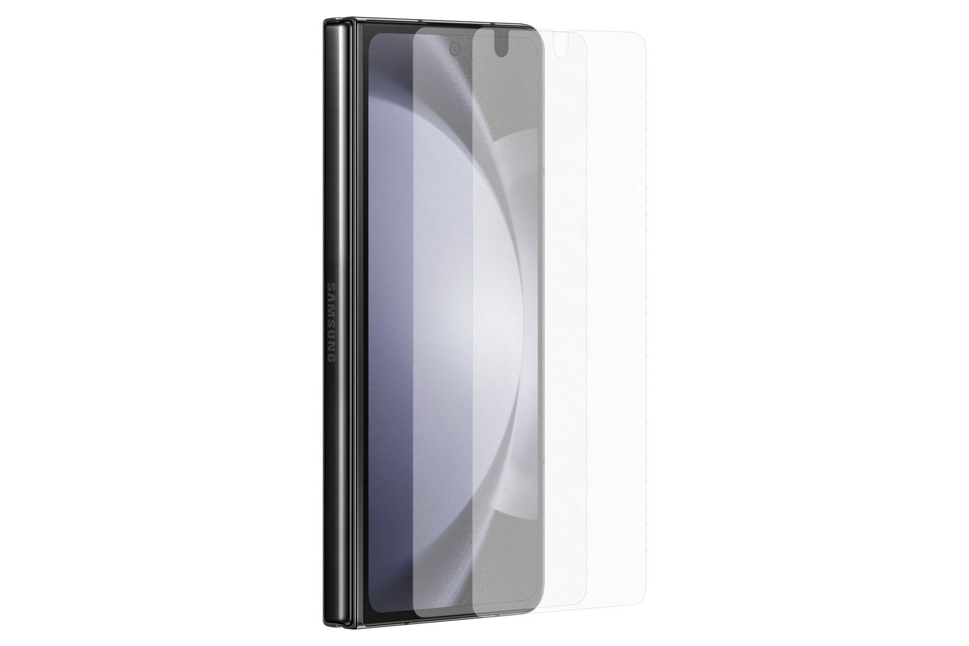 갤럭시 Z 폴드5 스크린 프로텍터 (투명) 제품에 갤럭시 Z 폴드를 장착한 왼쪽 회전 이미지