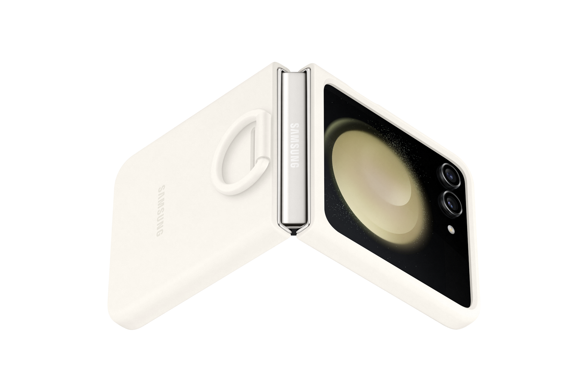 갤럭시 Z 플립5 실리콘 케이스 with 링 크림 장착 후 45도 접은 이미지