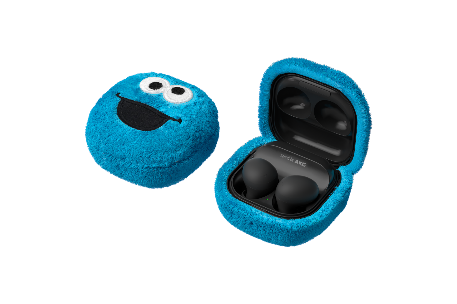 갤럭시 버즈 세서미 스트리트 케이스 (쿠키몬스터) (블루) 장착 후 열어 놓은 이미지