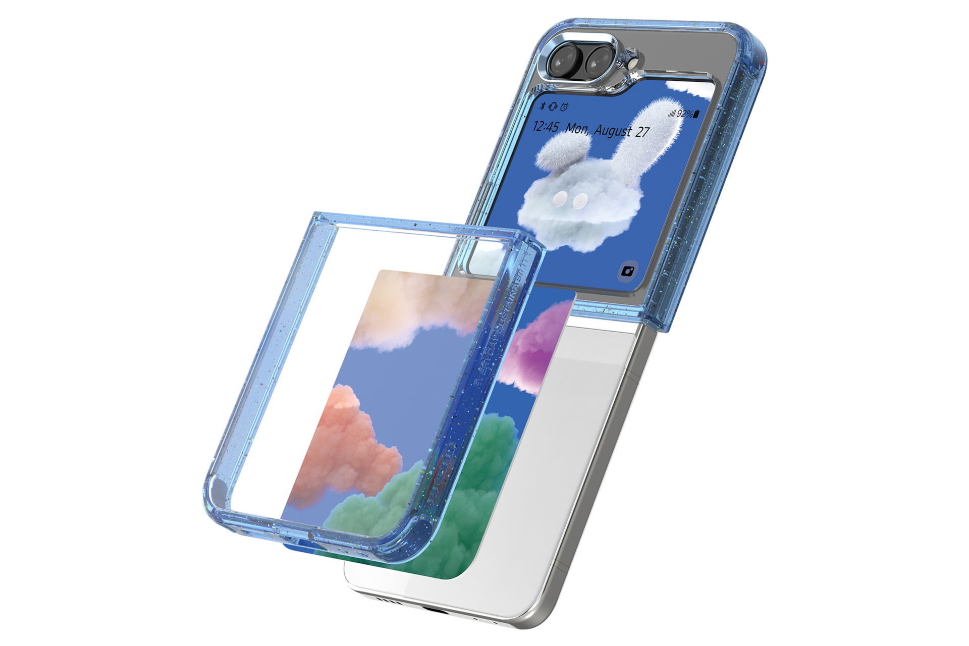 갤럭시 Z 플립5 아티스트 컬렉션 오예슬&이은 플립수트 패키지 (수트 케이스 + 플립수트 카드 2 매) (블루) 제품에 갤럭시 Z 플립을 장착하는 왼쪽 회전 이미지 