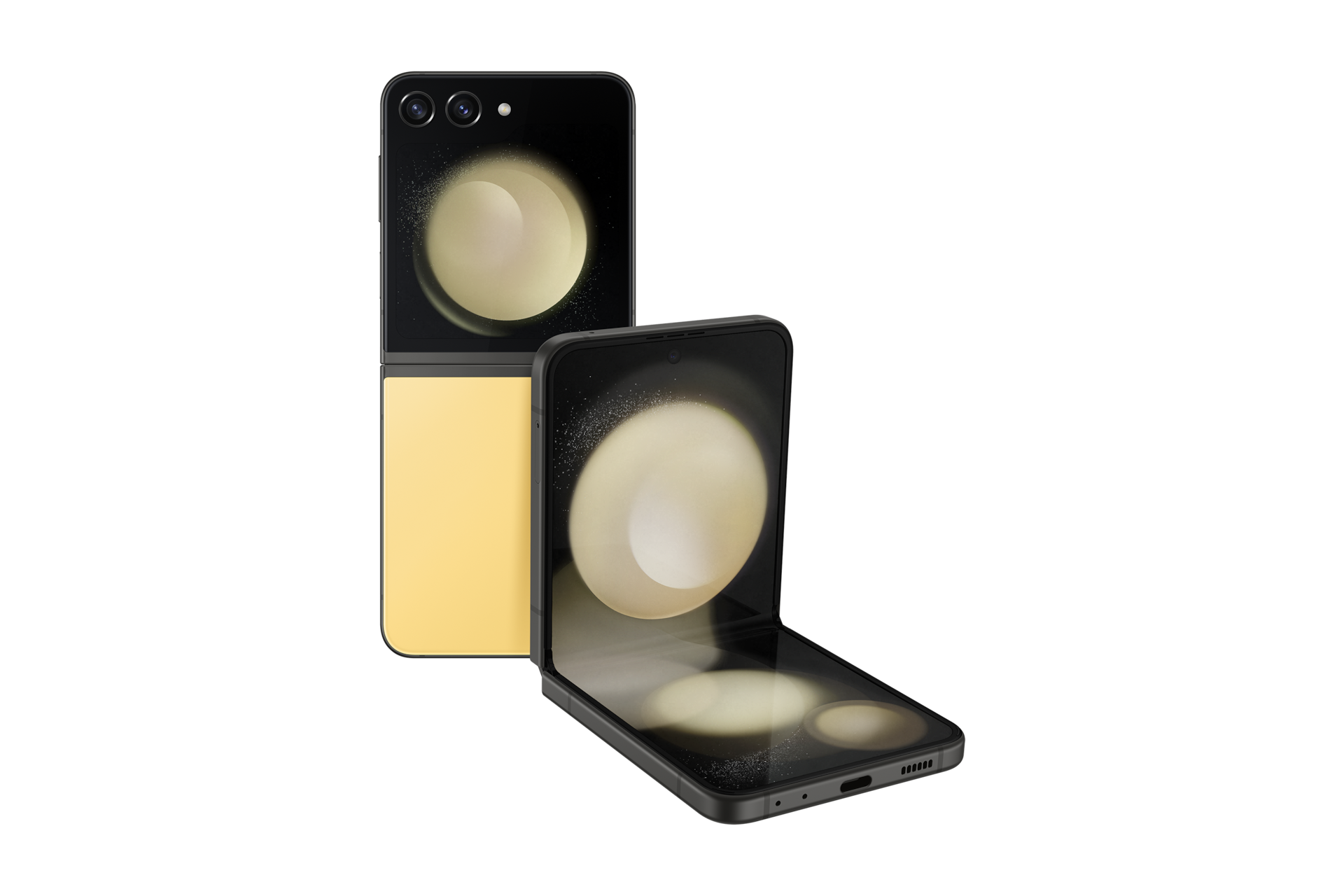 갤럭시 Z 플립5 자급제 (삼성닷컴/삼성 강남 전용컬러) 옐로우 정면 테이블 탑 좌측 30도 + 닫힌 앞면 콤보 이미지