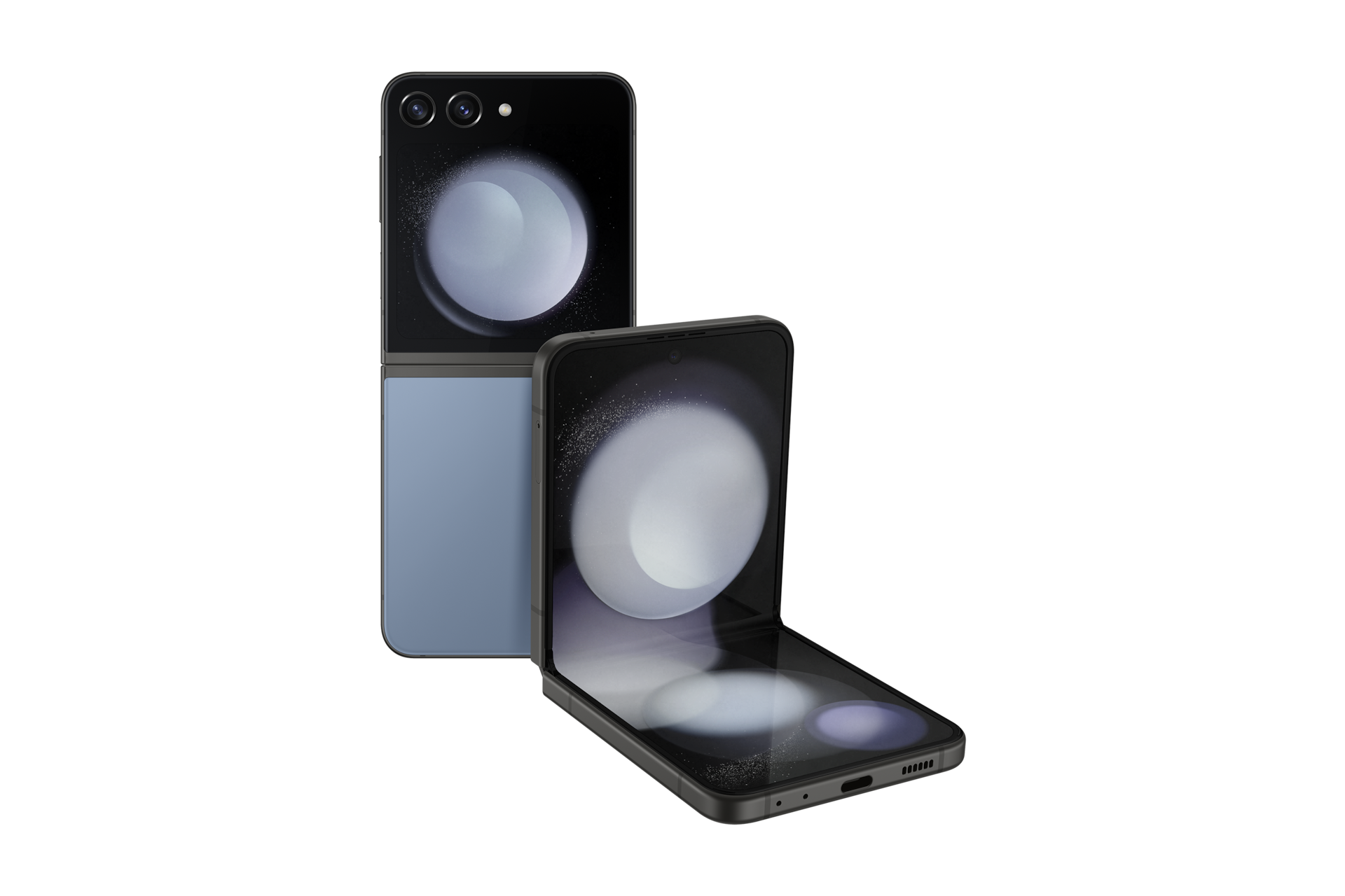 갤럭시 Z 플립5 자급제 (삼성닷컴/삼성 강남 전용컬러) 블루 정면 테이블 탑 좌측 30도 + 닫힌 앞면 콤보 이미지