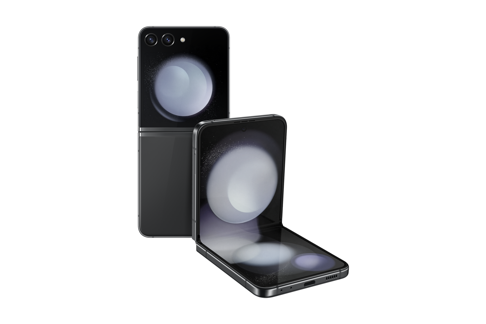 갤럭시 Z 플립5 자급제 그라파이트 정면 테이블 탑 좌측 30도 + 닫힌 앞면 콤보 이미지