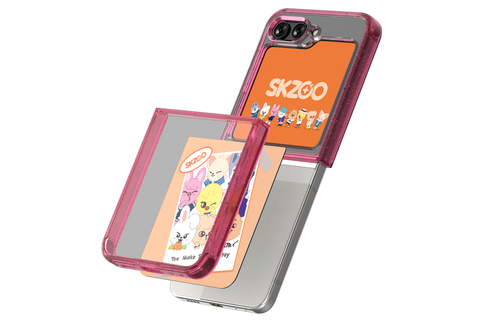 갤럭시 Z 플립5 SKZOO 수트 케이스 with 플립수트 카드 (오렌지) 제품에 갤럭시 Z 플립을 장착하는 왼쪽 회전 이미지