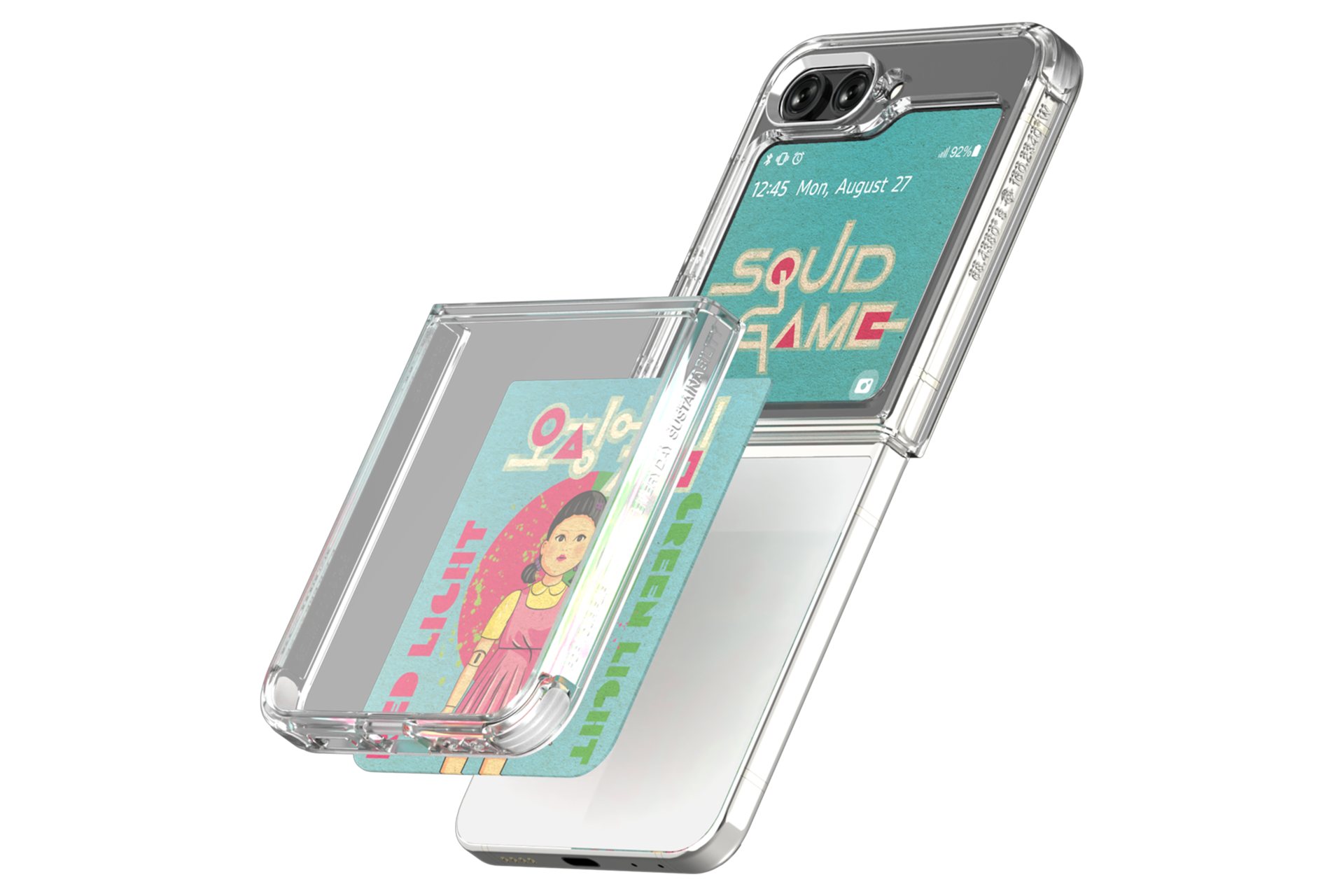 갤럭시 Z 플립5에 케이스와 오징어게임 플립수트 카드(블루)가 15도 기울어져 장착되어지는 이미지