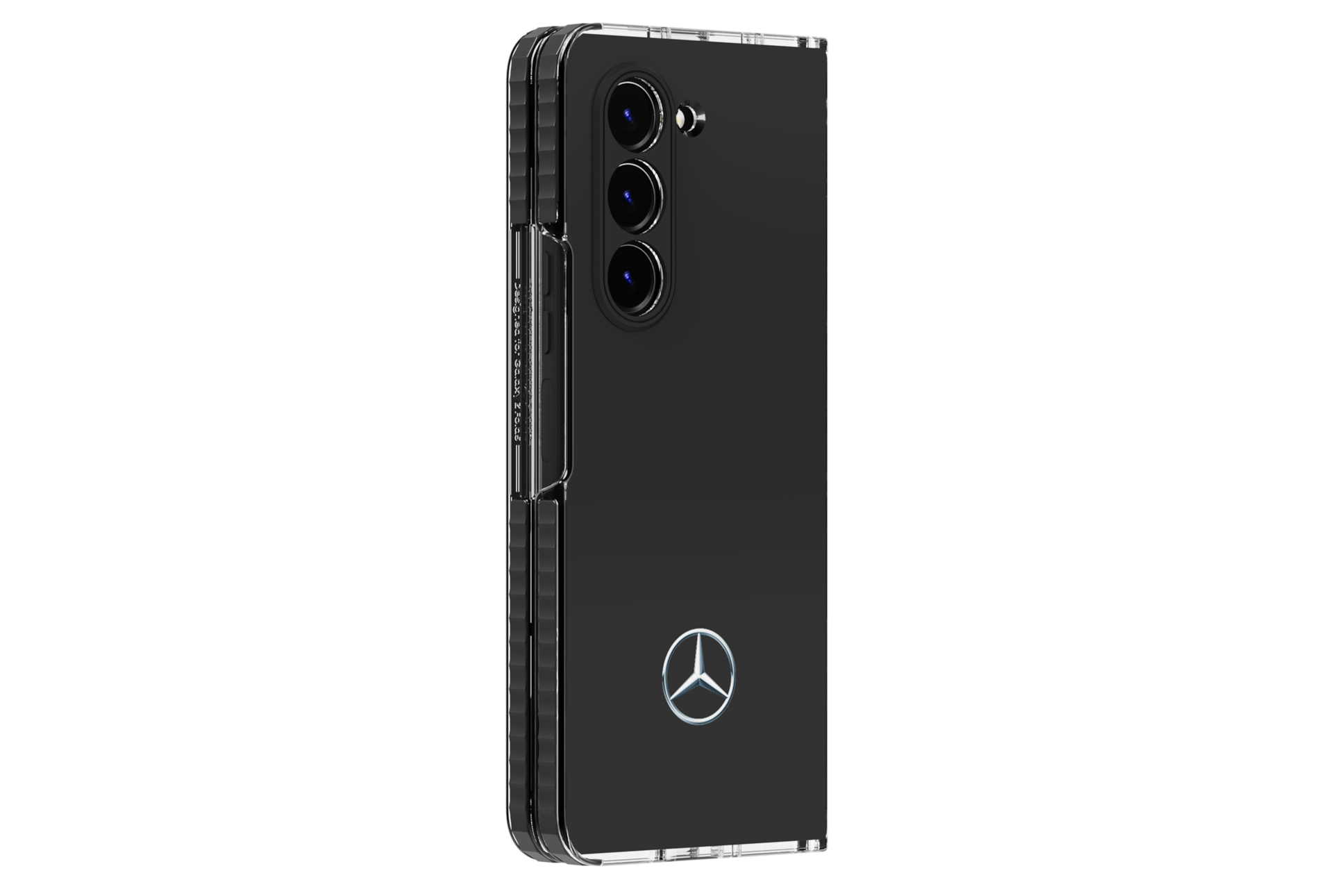 갤럭시 Z 폴드5에 벤츠 케이스가 장착되어 갤럭시 Z 폴드5가 접혀서 오른쪽 15도로 기울어진 이미지