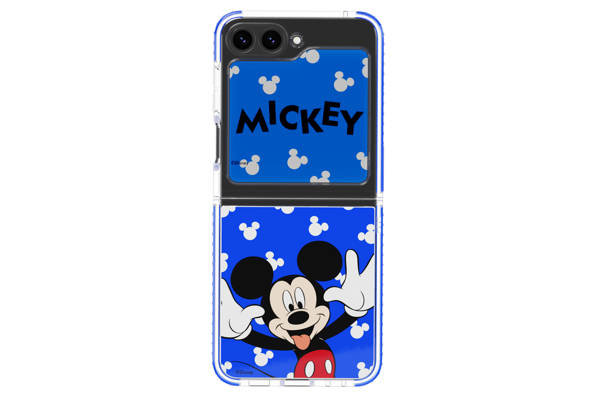 갤럭시 Z 플립5에 디즈니 수트 케이스와 플립수트 카드(블루)가 장착되어 있는 이미지