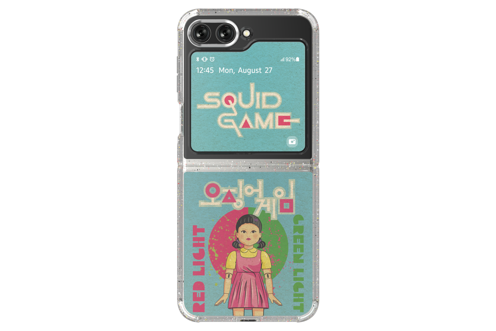 갤럭시 Z 플립5에 케이스와 오징어게임 플립수트 카드(블루)가 장착되어있는 이미지