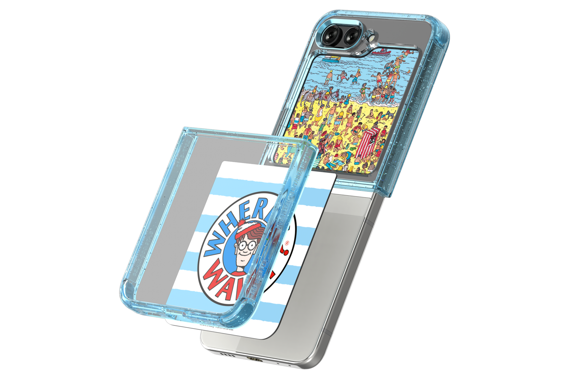 갤럭시 Z 플립5 월리 수트 케이스 with 플립수트 카드 (스카이 블루)가 15도 기울어져 장착되어지는 이미지