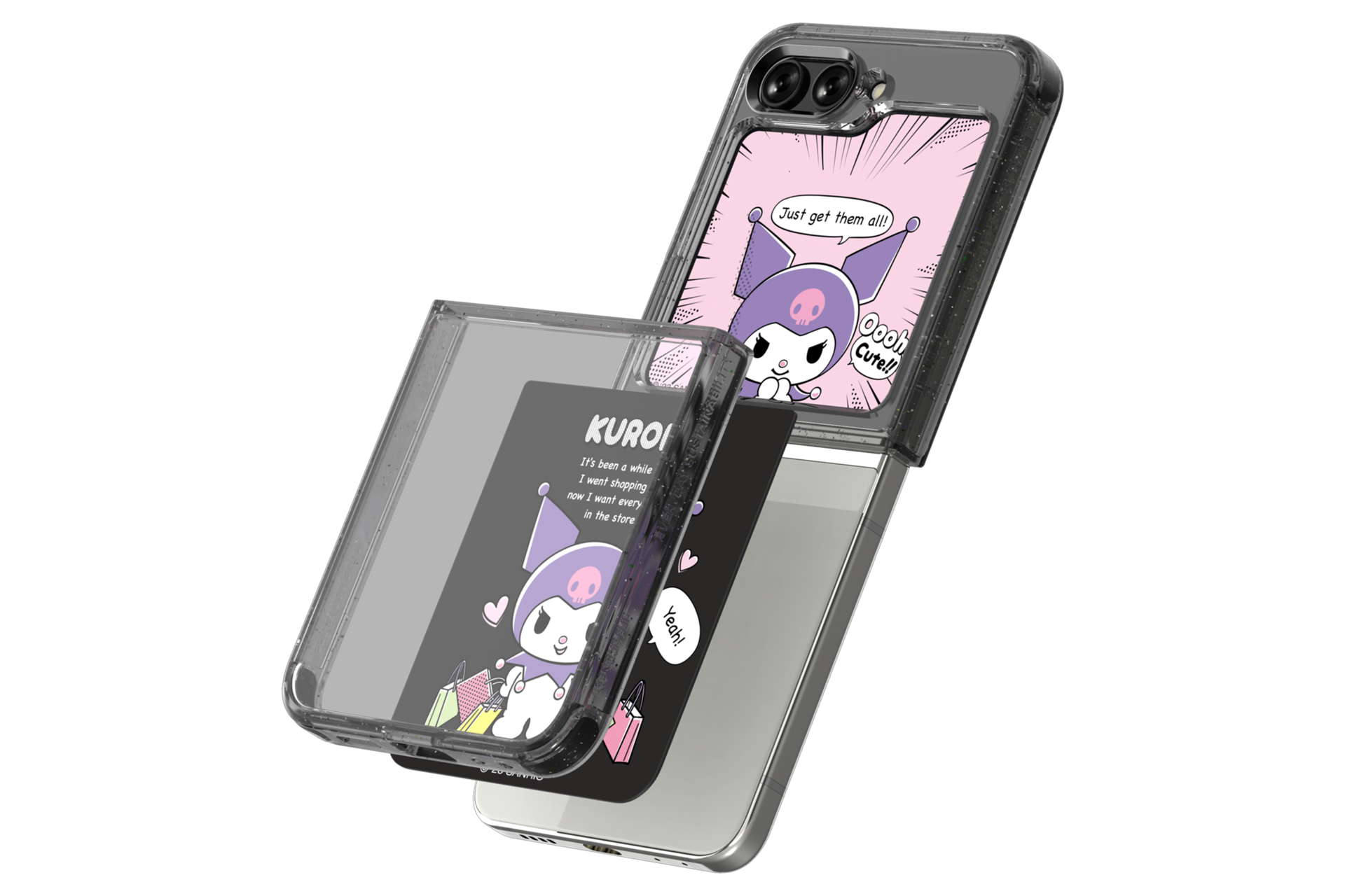 갤럭시 Z 플립5 쿠로미 수트 케이스 with 플립수트 카드 블랙 제품에 갤럭시 Z 플립을 장착하는 왼쪽 회전 이미지