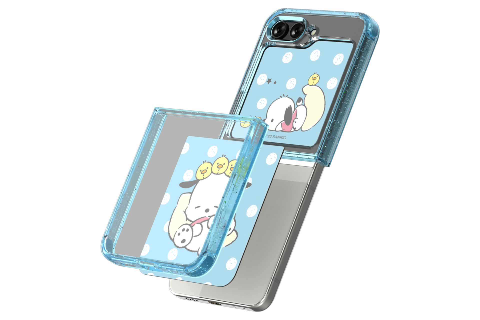 갤럭시 Z 플립5 포차코 수트 케이스 with 플립수트 카드 스카이 블루 제품에 갤럭시 Z 플립을 장착하는 왼쪽 회전 이미지