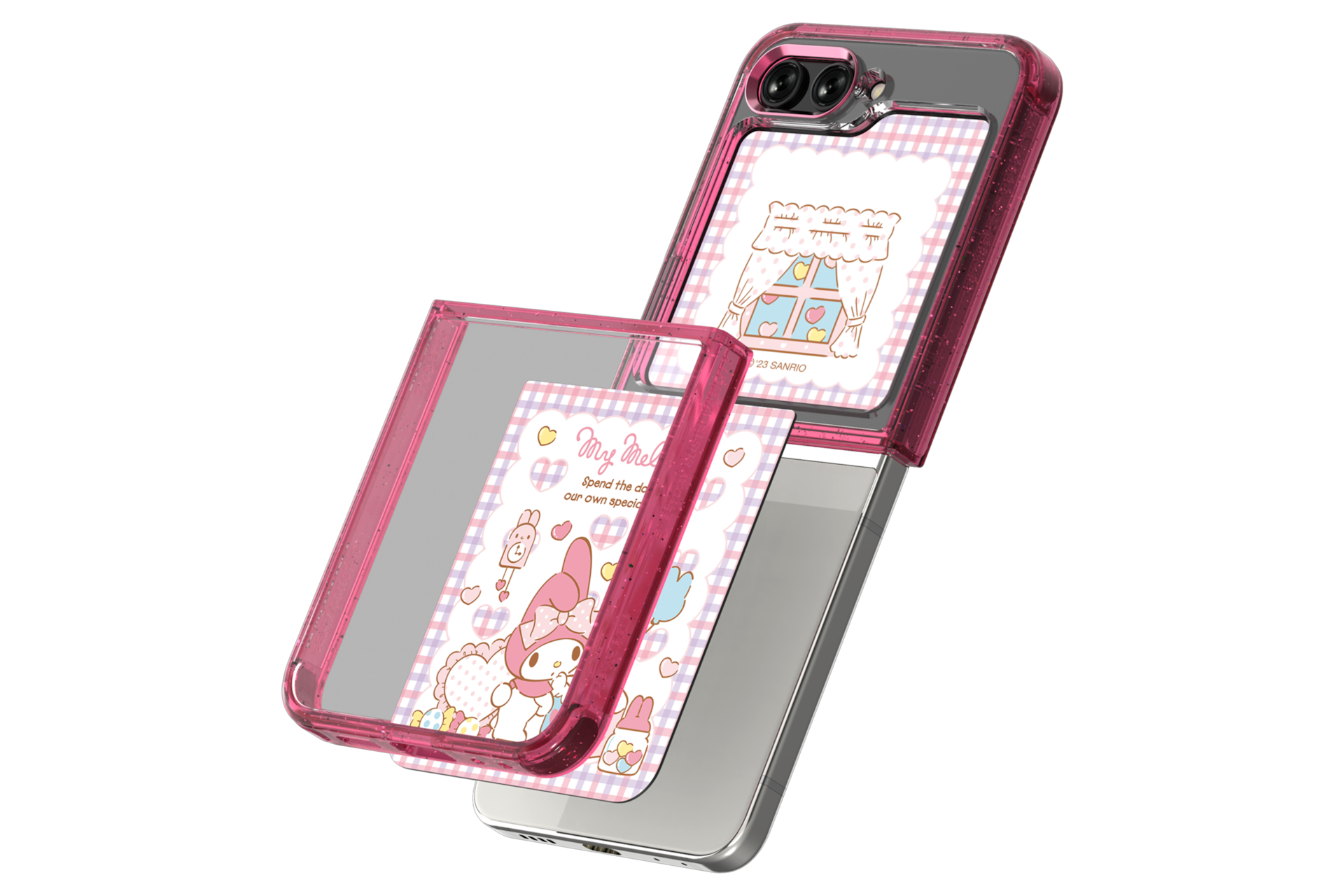 갤럭시 Z 플립5 마이멜로디 수트 케이스 with 플립수트 카드 핑크 제품에 갤럭시 Z 플립을 장착하는 왼쪽 회전 이미지