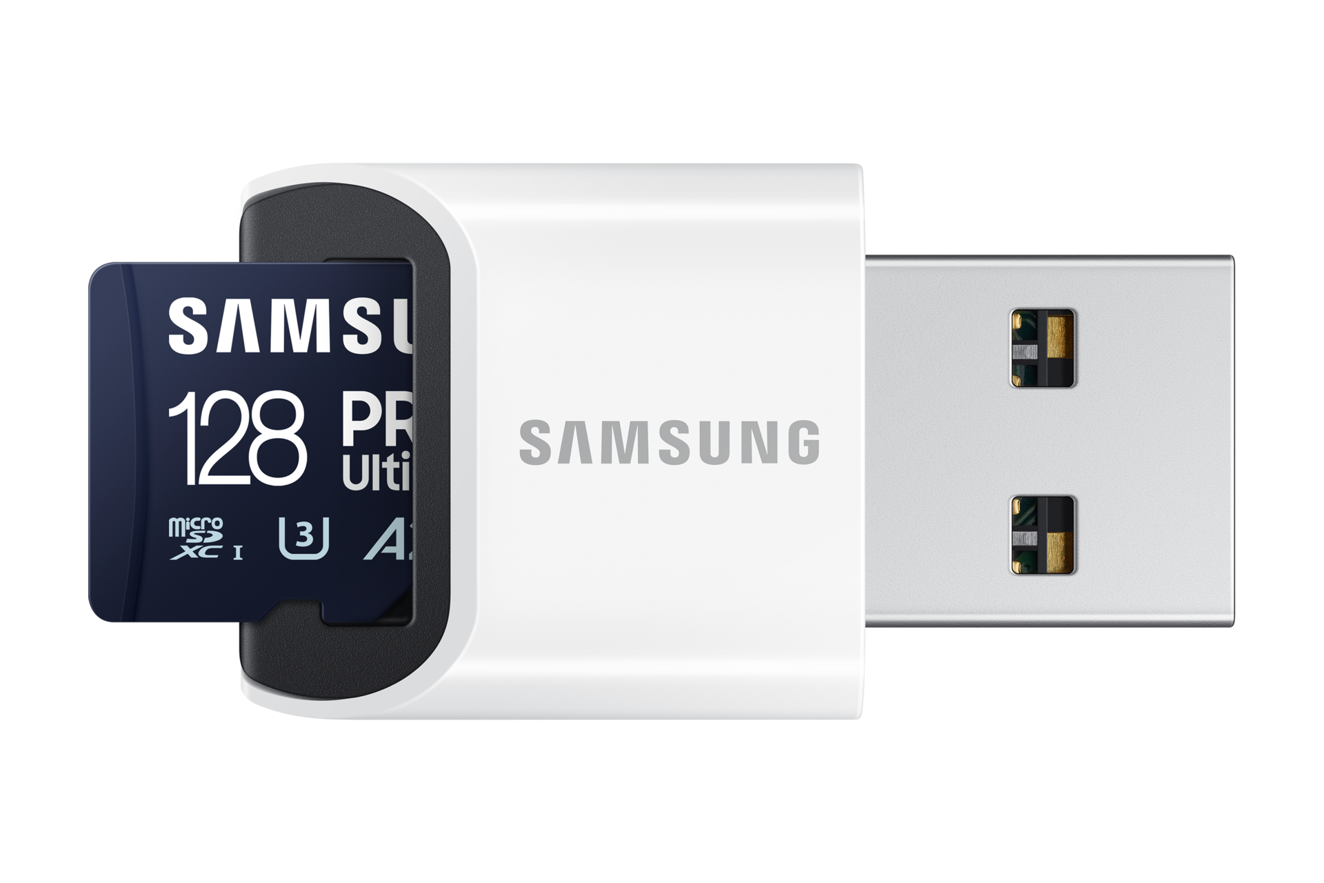 마이크로SD 메모리카드 PRO Ultimate with Card Reader 128 GB 제품이 USB에 결합된 이미지