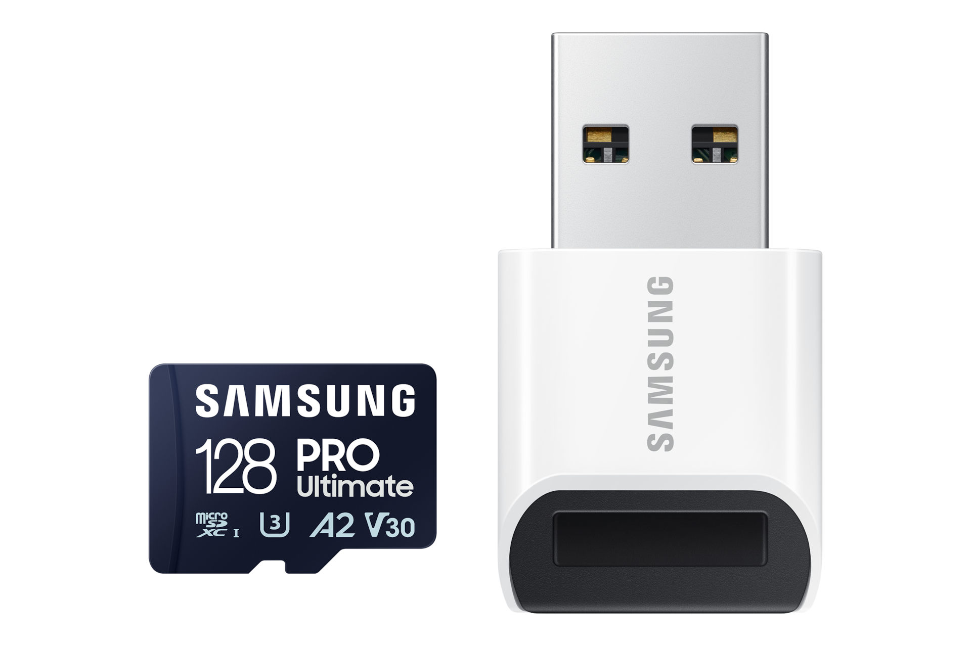 마이크로SD 메모리카드 PRO Ultimate with Card Reader 128 GB 제품과 USB 정면 이미지