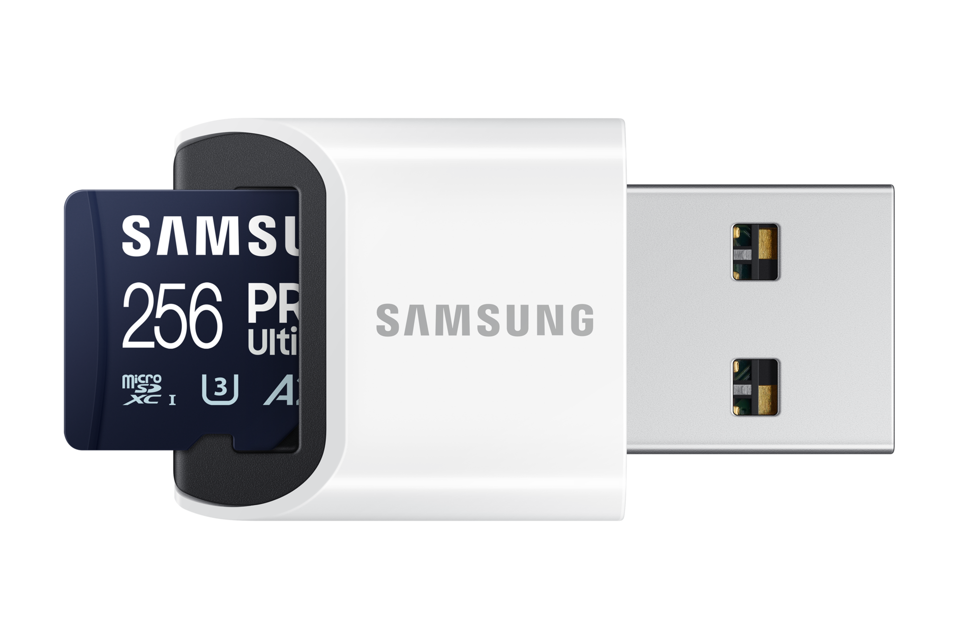마이크로SD 메모리카드 PRO Ultimate with Card Reader 256 GB 제품이 USB에 결합된 이미지
