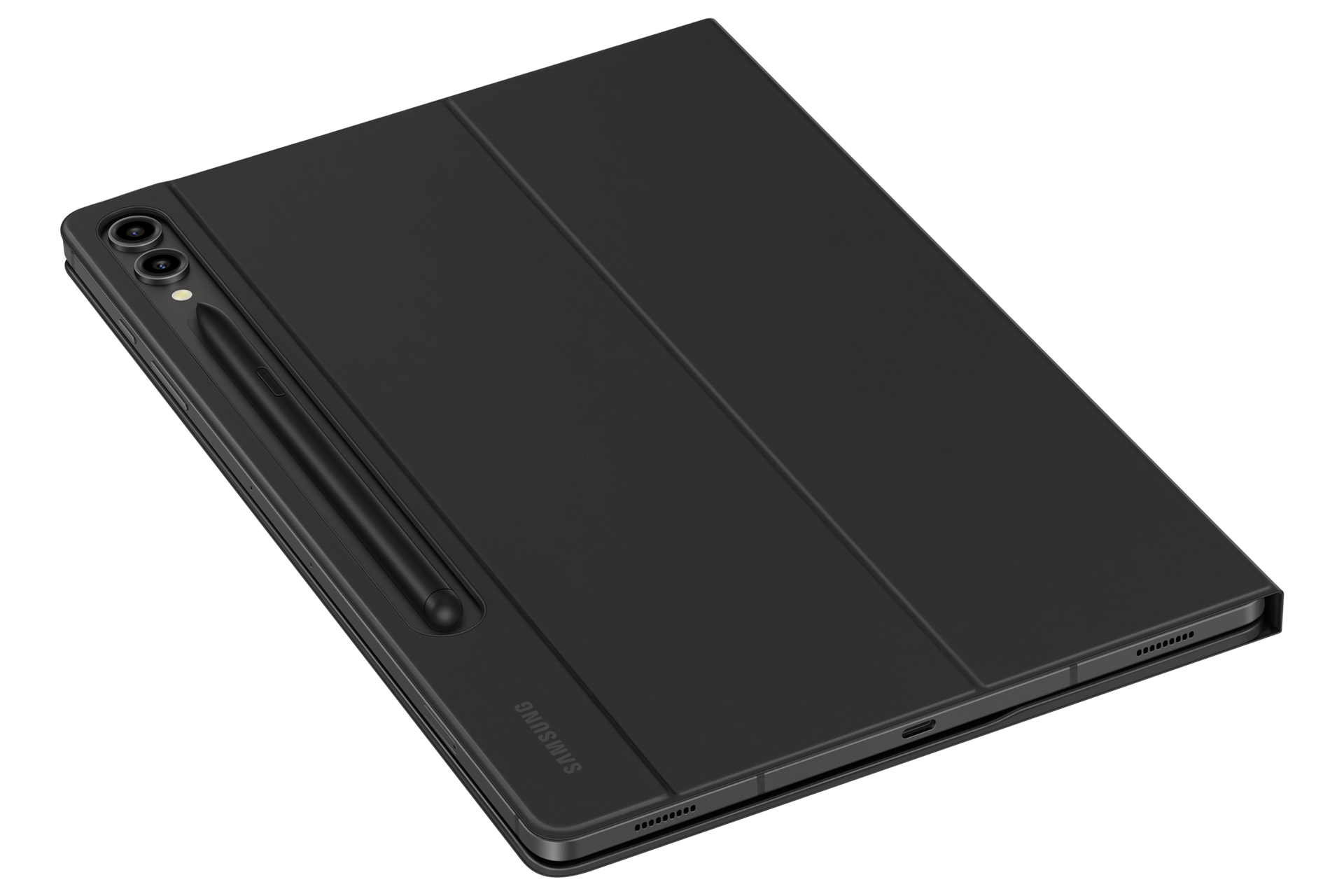 갤럭시 탭 S9+ 슬림 키보드 북커버 (블랙) 제품에 갤럭시 탭을 장착한 정면 오른쪽 회전 이미지