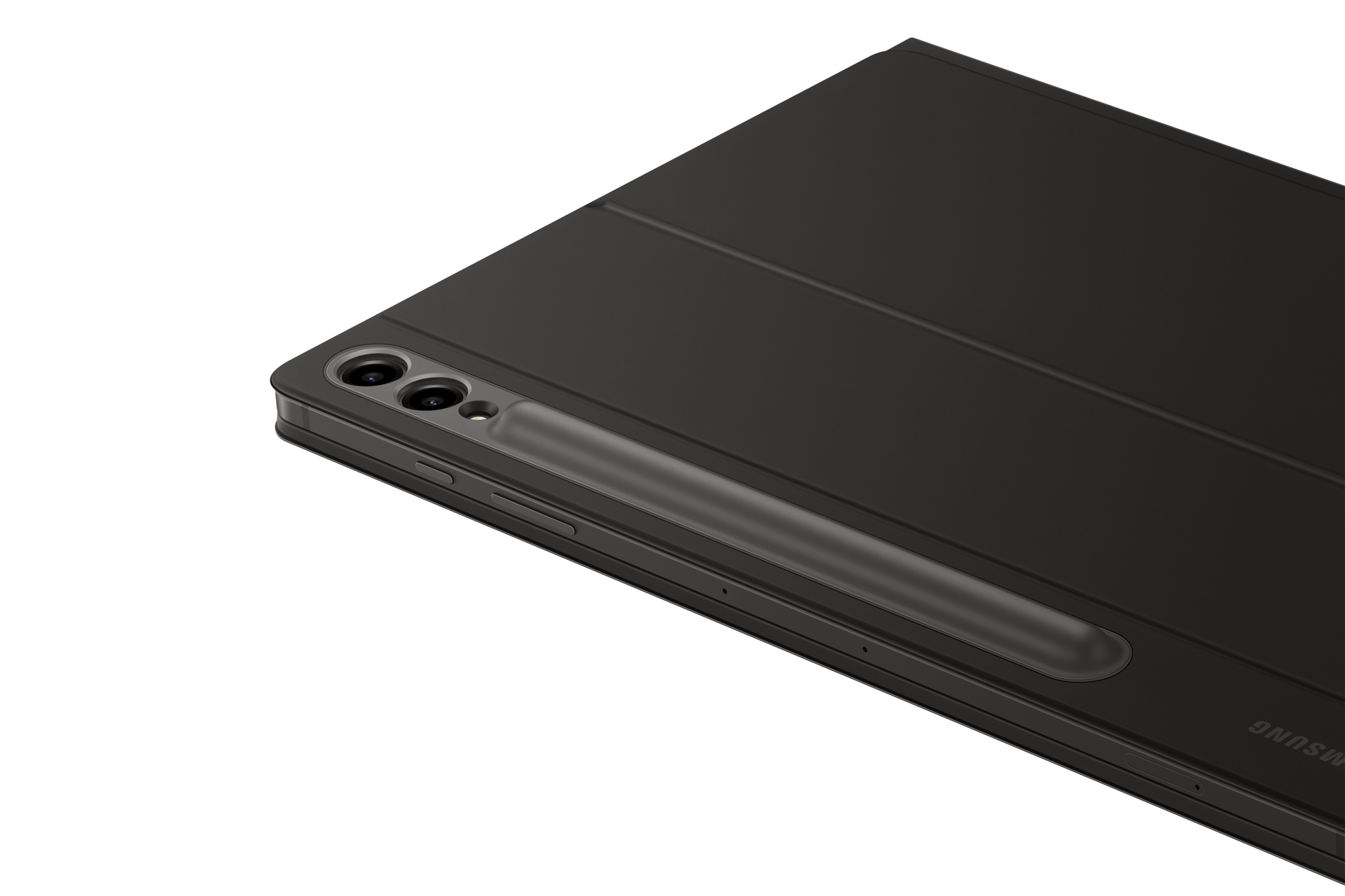 갤럭시 탭 S9+ 키보드 북커버 (블랙) 제품에 갤럭시 탭을 장착하여 카메라 부분 확대 이미지