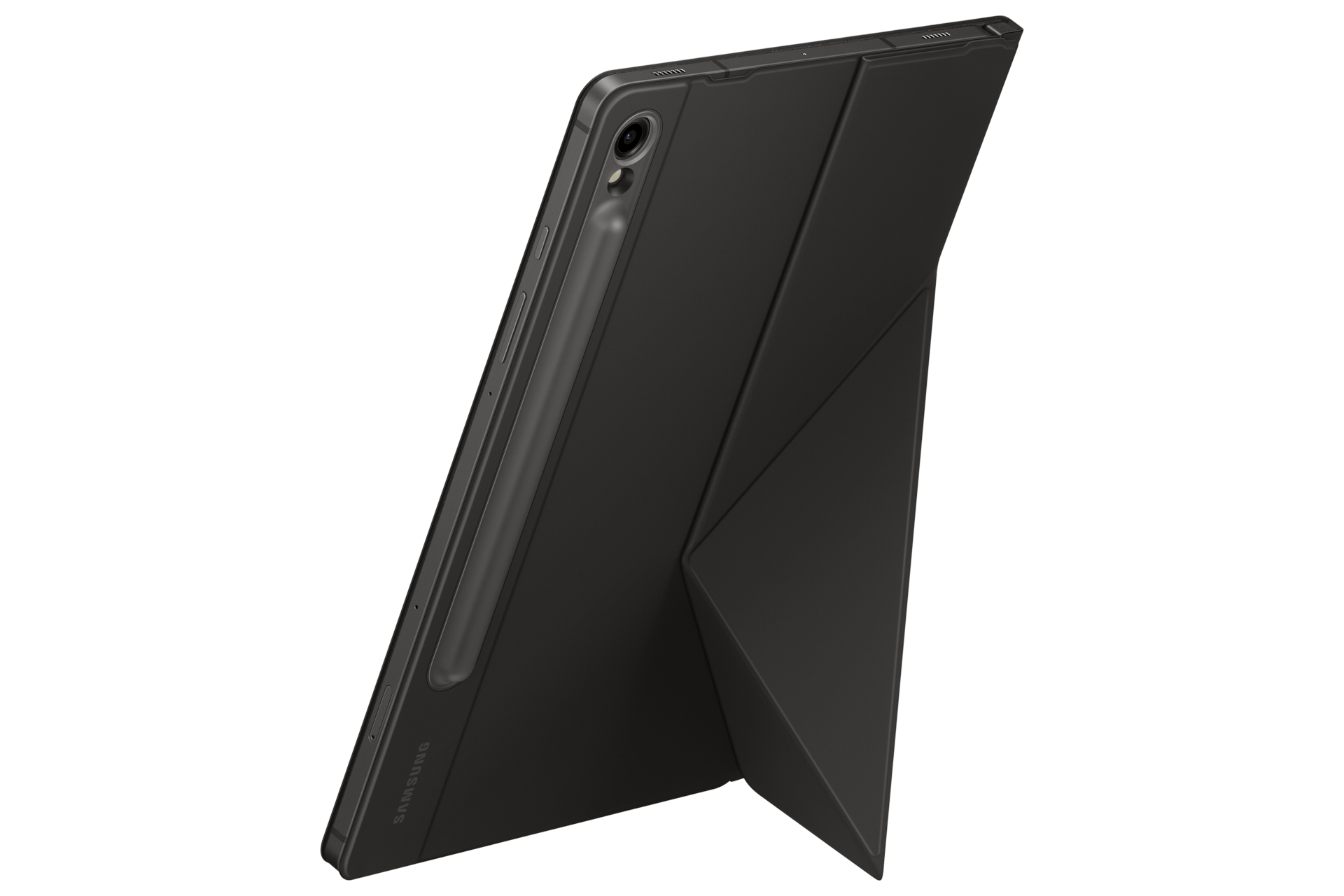갤럭시 탭 S9 스마트 북커버 (블랙) 제품에 갤럭시 탭을 장착하여 정면 세로로 세운 제품 정면 이미지 