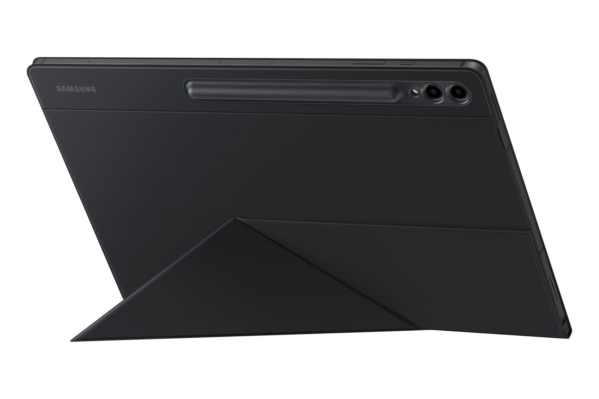 갤럭시 탭 S9 Ultra 스마트 북커버 (블랙) 제품에 갤럭시 탭을 장착하여 정면 가로로 세운 제품 정면 이미지 