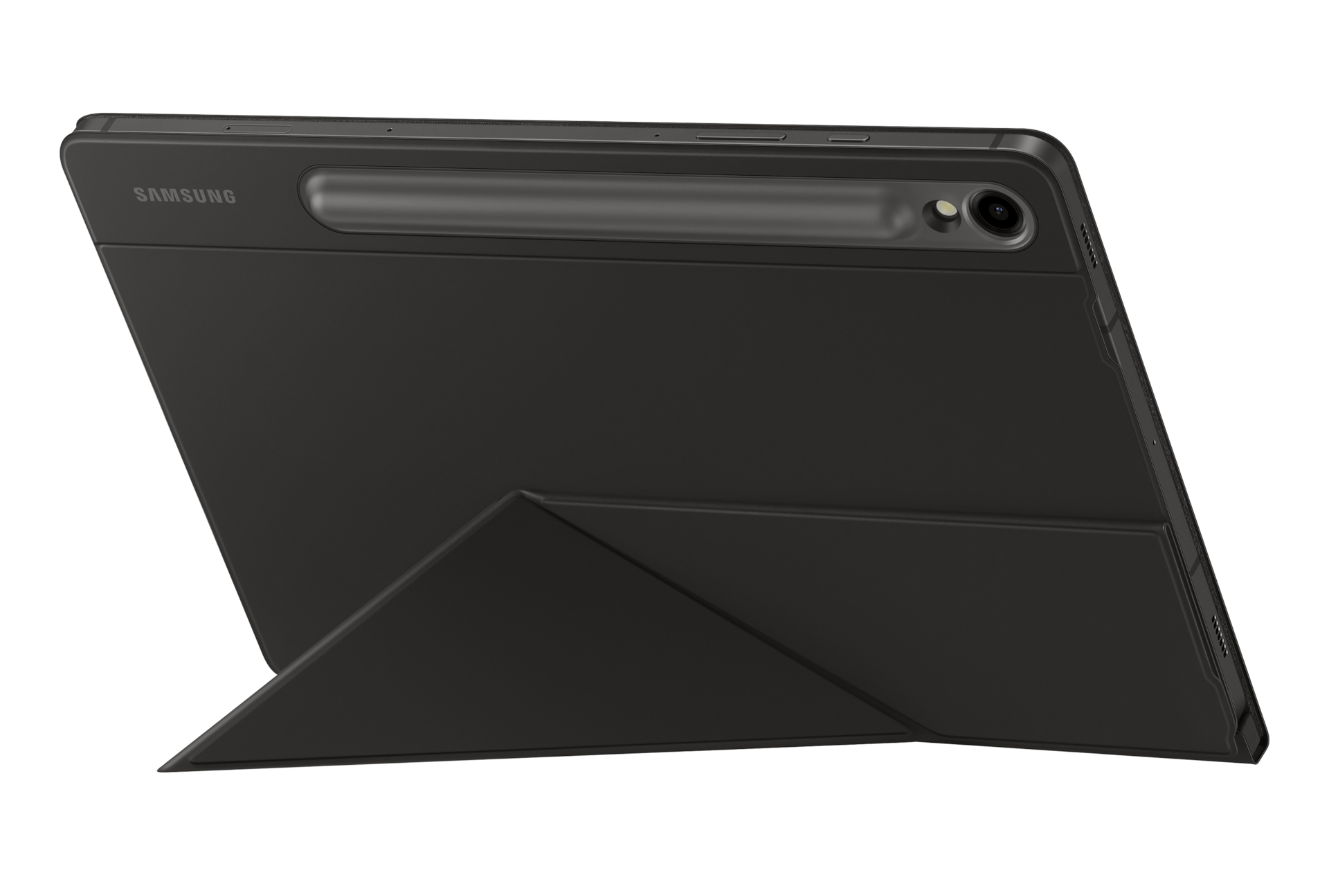 갤럭시 탭 S9 스마트 북커버 (블랙) 제품에 갤럭시 탭을 장착하여 정면 가로로 세운 제품 정면 이미지 