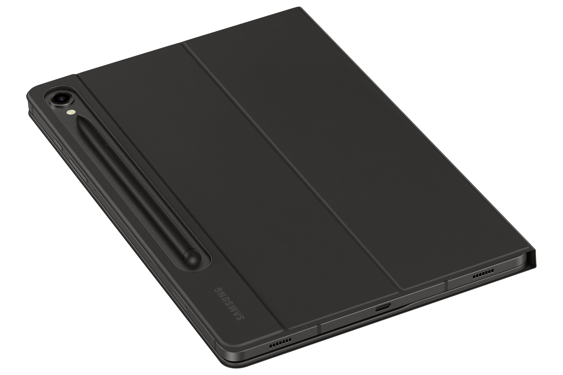 갤럭시 탭 S9 슬림 키보드 북커버 (블랙) 제품에 갤럭시 탭을 장착한 정면 오른쪽 회전 이미지