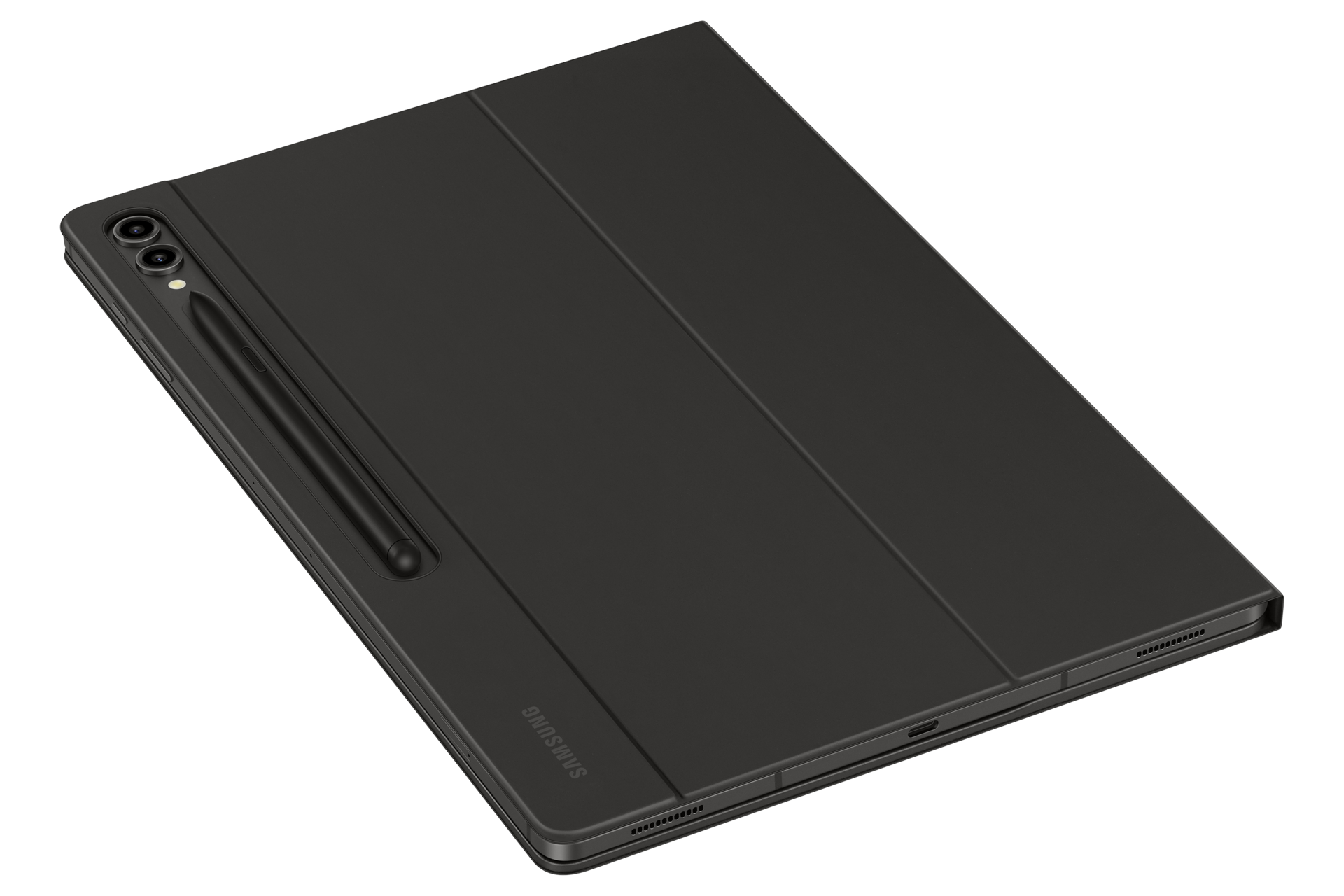갤럭시 탭 S9 Ultra 슬림 키보드 북커버 (블랙) 제품에 갤럭시 탭을 장착한 정면 오른쪽 회전 이미지