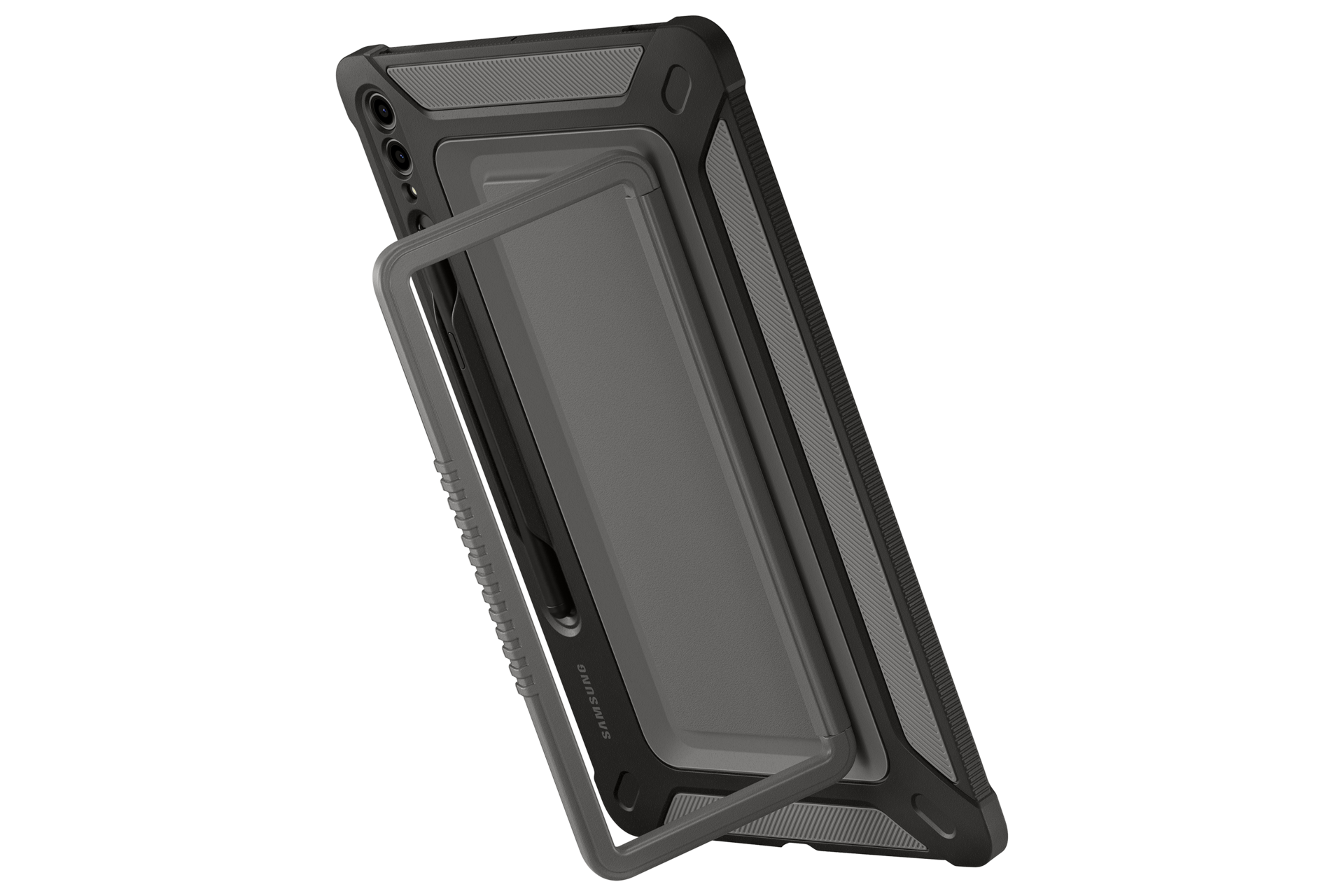 갤럭시 탭 S9+ 아웃도어 커버 (블랙) 제품에 갤럭시 탭을 장착하여 세로로 세운 정면 이미지