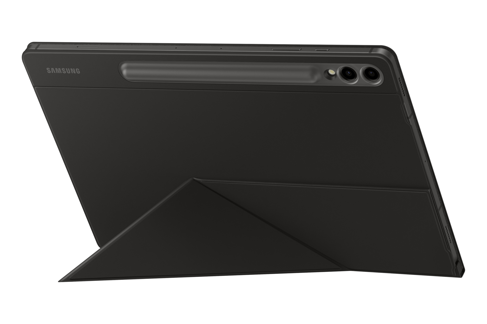 갤럭시 탭 S9+ 스마트 북커버 (블랙) 제품에 갤럭시 탭을 장착하여 정면 가로로 세운 제품 정면 이미지 