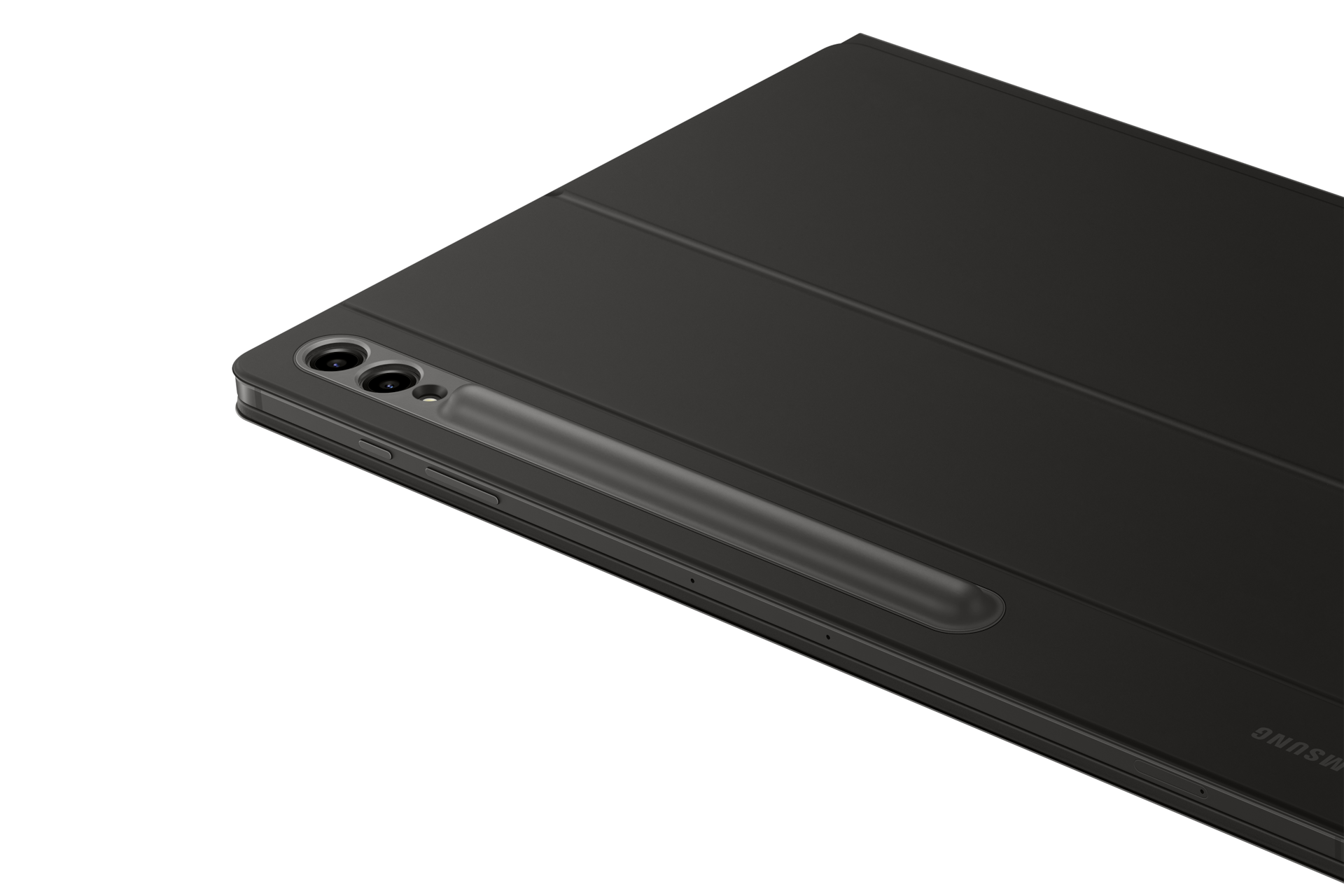 갤럭시 탭 S9 Ultra 키보드 북커버 (블랙) 제품에 갤럭시 탭을 장착하여 카메라 부분 확대 이미지 