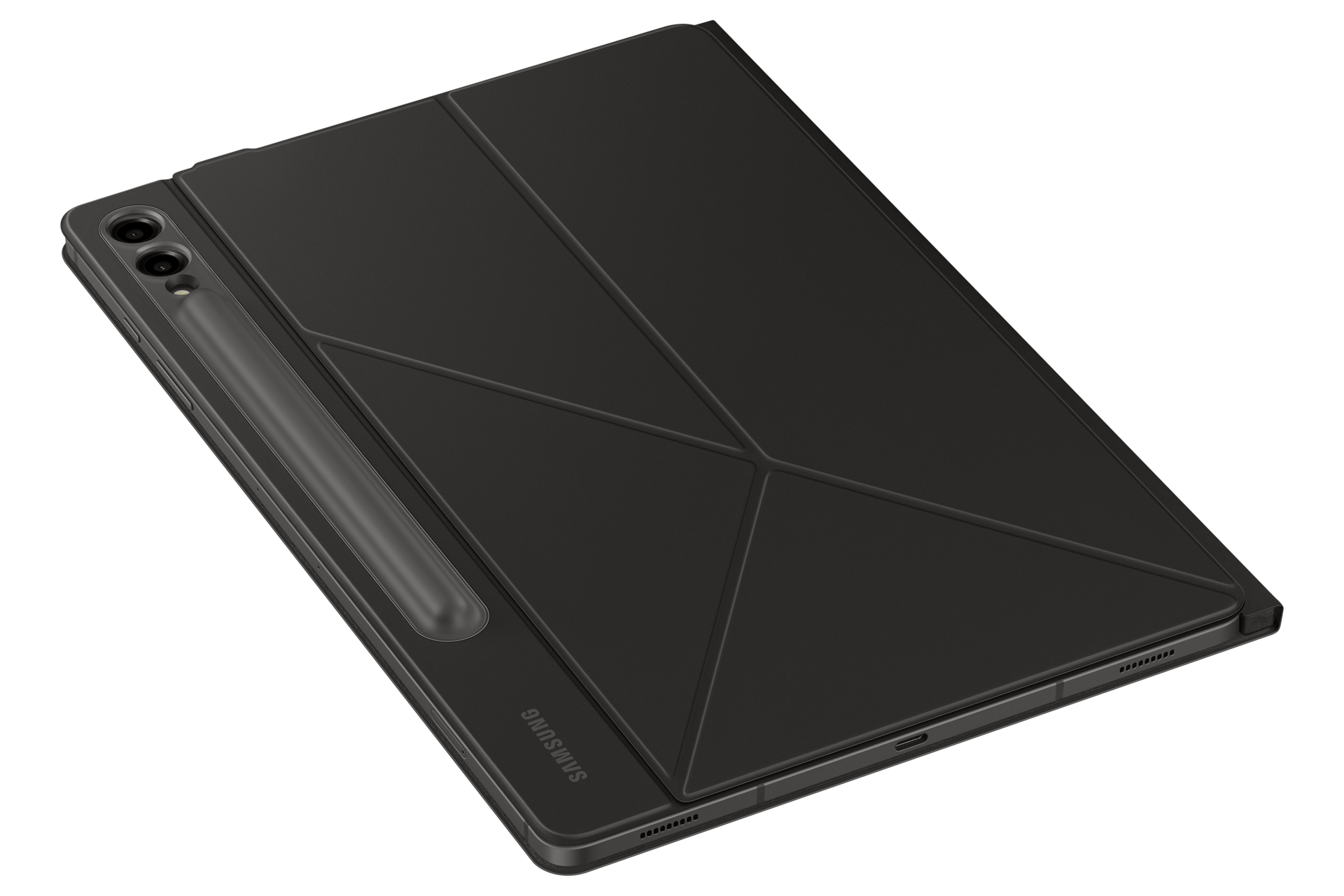 갤럭시 탭 S9+ 스마트 북커버 (블랙) 제품에 갤럭시 탭을 장착한 오른쪽 회전 이미지 