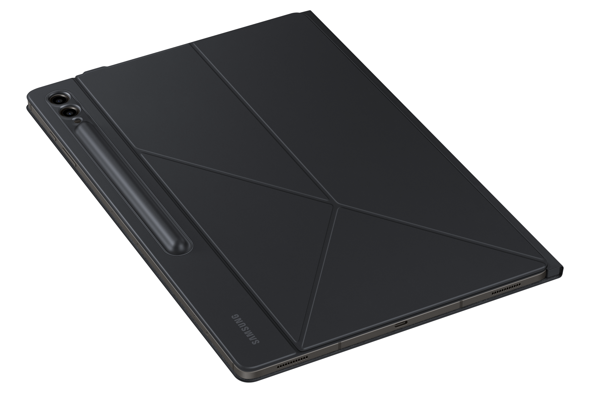 갤럭시 탭 S9 Ultra 스마트 북커버 (블랙) 제품에 갤럭시 탭을 장착한 오른쪽 회전 이미지 
