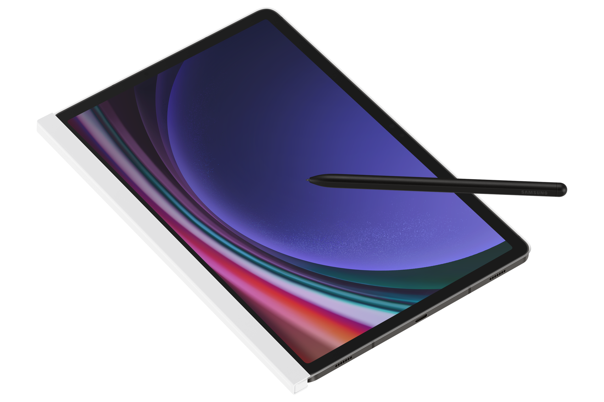 노트페이퍼 스크린 (갤럭시 탭 S9 전용) (화이트) 제품에 갤럭시 탭을 장착하여 펼쳐 S펜과 같이 보여지는 오른쪽 회전 후면 이미지