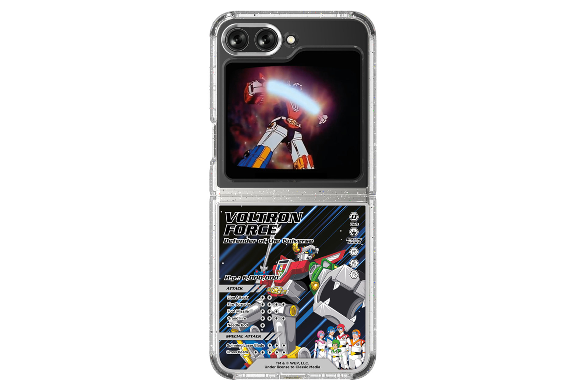 갤럭시 Z 플립5 볼트론 플립수트 패키지 (수트 케이스+플립수트 카드 6매) (화이트) 제품에 갤럭시 Z 플립을 장착한 정면 이미지 