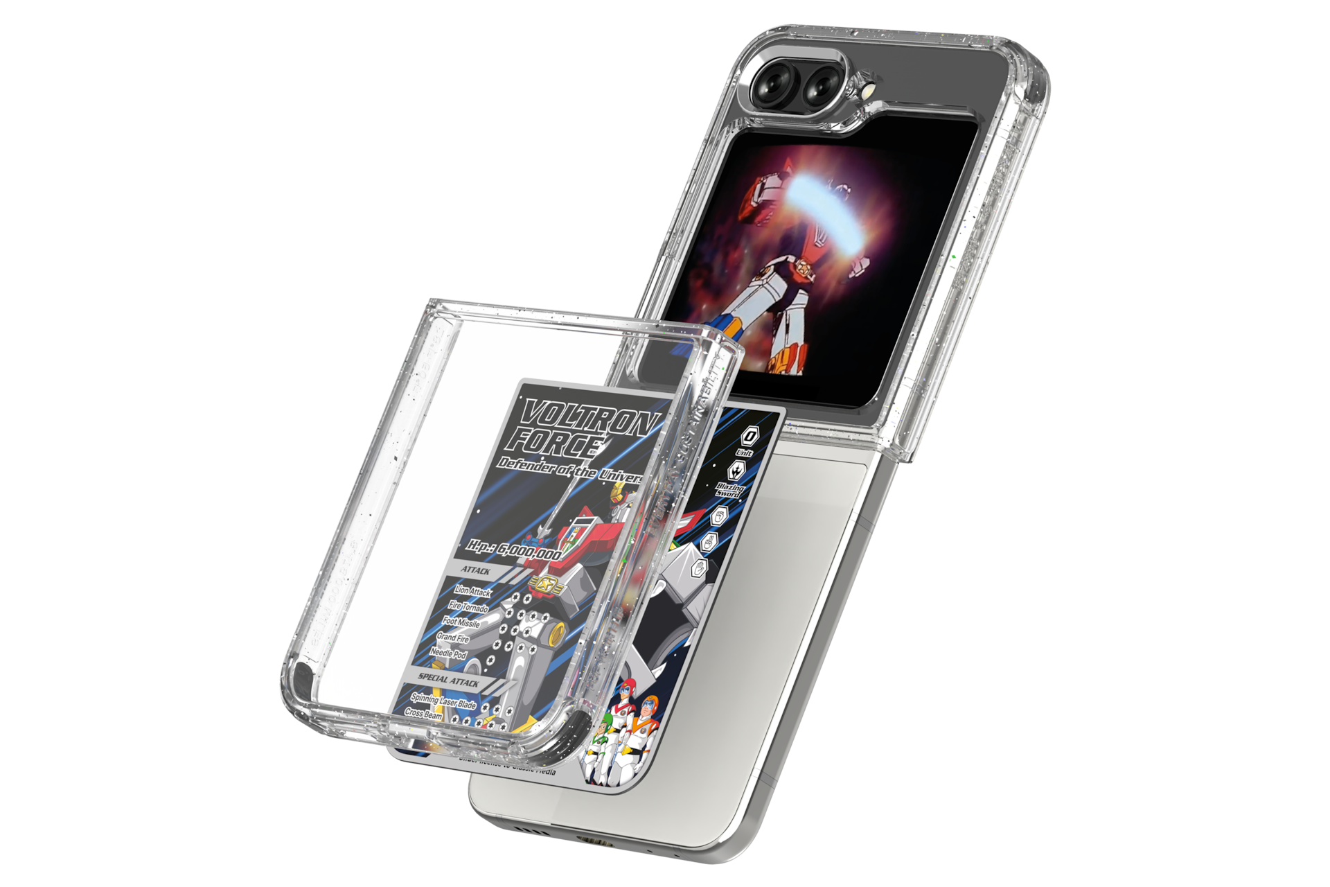 갤럭시 Z 플립5 볼트론 플립수트 패키지 (수트 케이스+플립수트 카드 6매) (화이트) 제품에 갤럭시 Z 플립을 장착하는 왼쪽 회전 이미지 