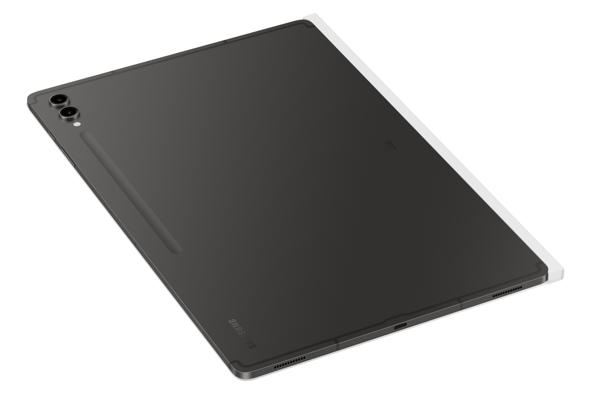 갤럭시 탭 S9 Ultra 노트페이퍼 스크린 (화이트) 제품에 갤럭시 탭을 장착하여 펼친 오른쪽 회전 후면 이미지