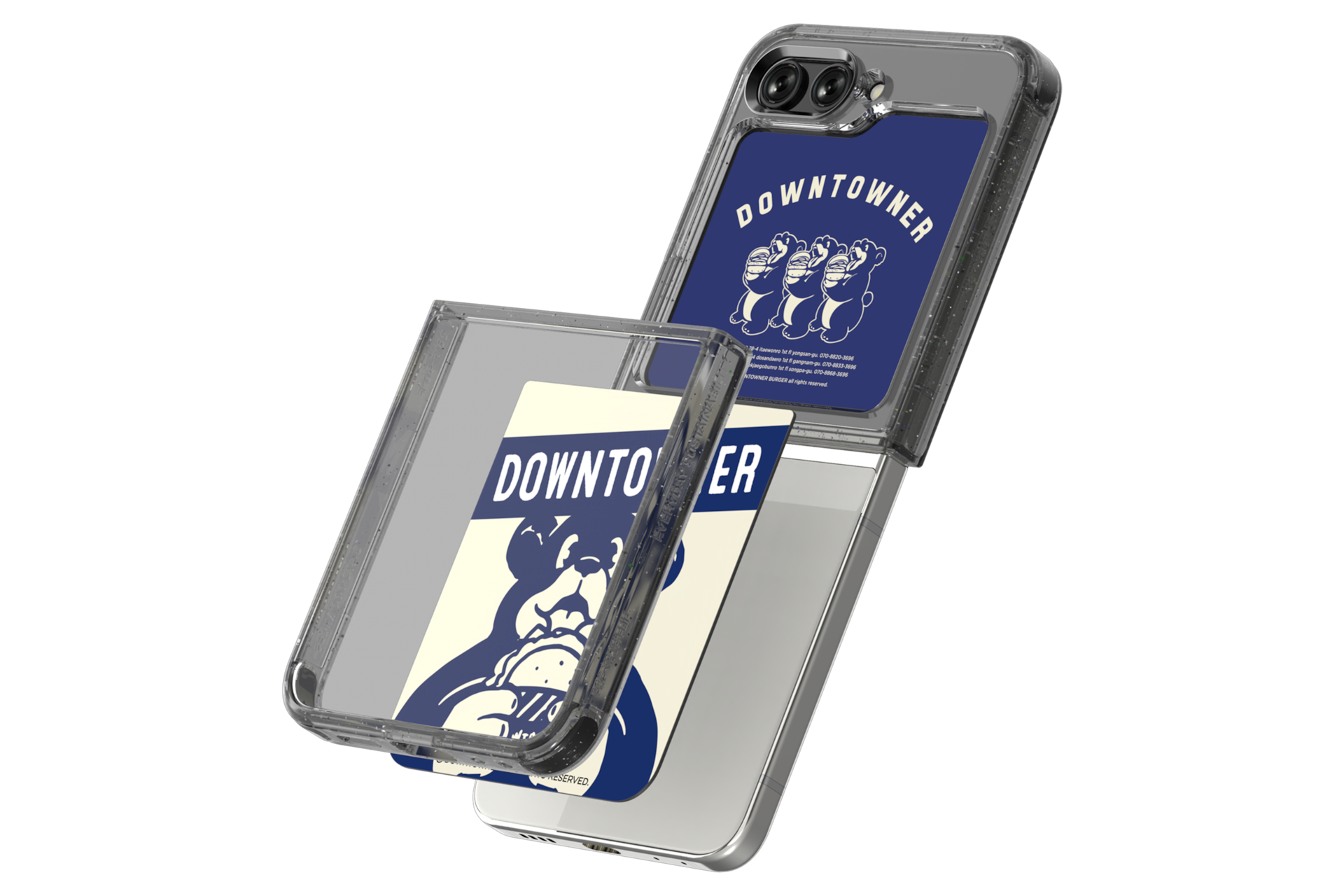 갤럭시 Z 플립5 다운타우너 수트 케이스 with 플립수트 카드 (블루) 제품을 갤럭시 Z 플립에 장착하는 왼쪽 회전 이미지 