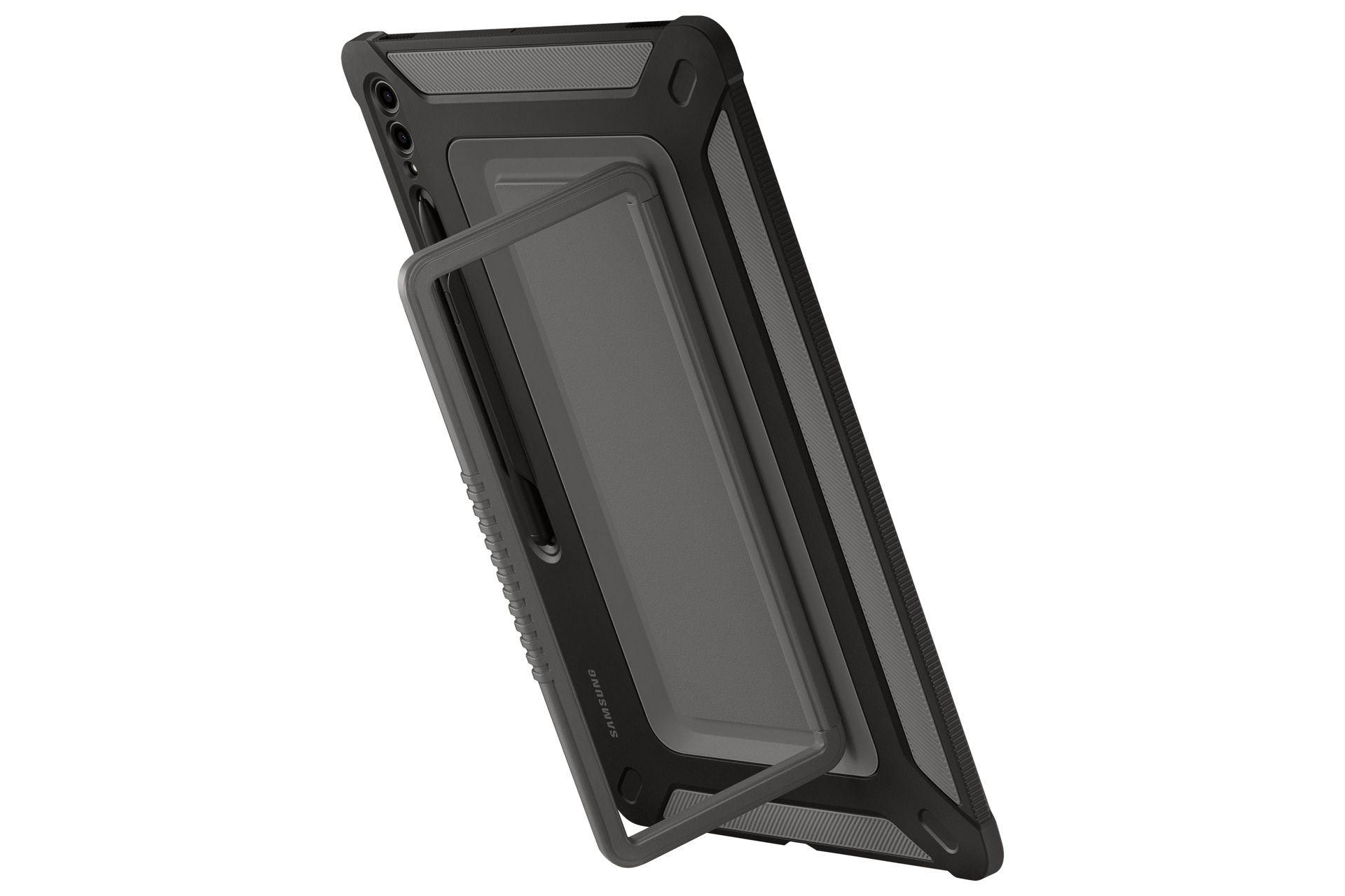 갤럭시 탭 S9 Ultra 아웃도어 커버 (블랙) 제품을 갤럭시 탭에 장착하여 세로로 세운 정면 이미지 