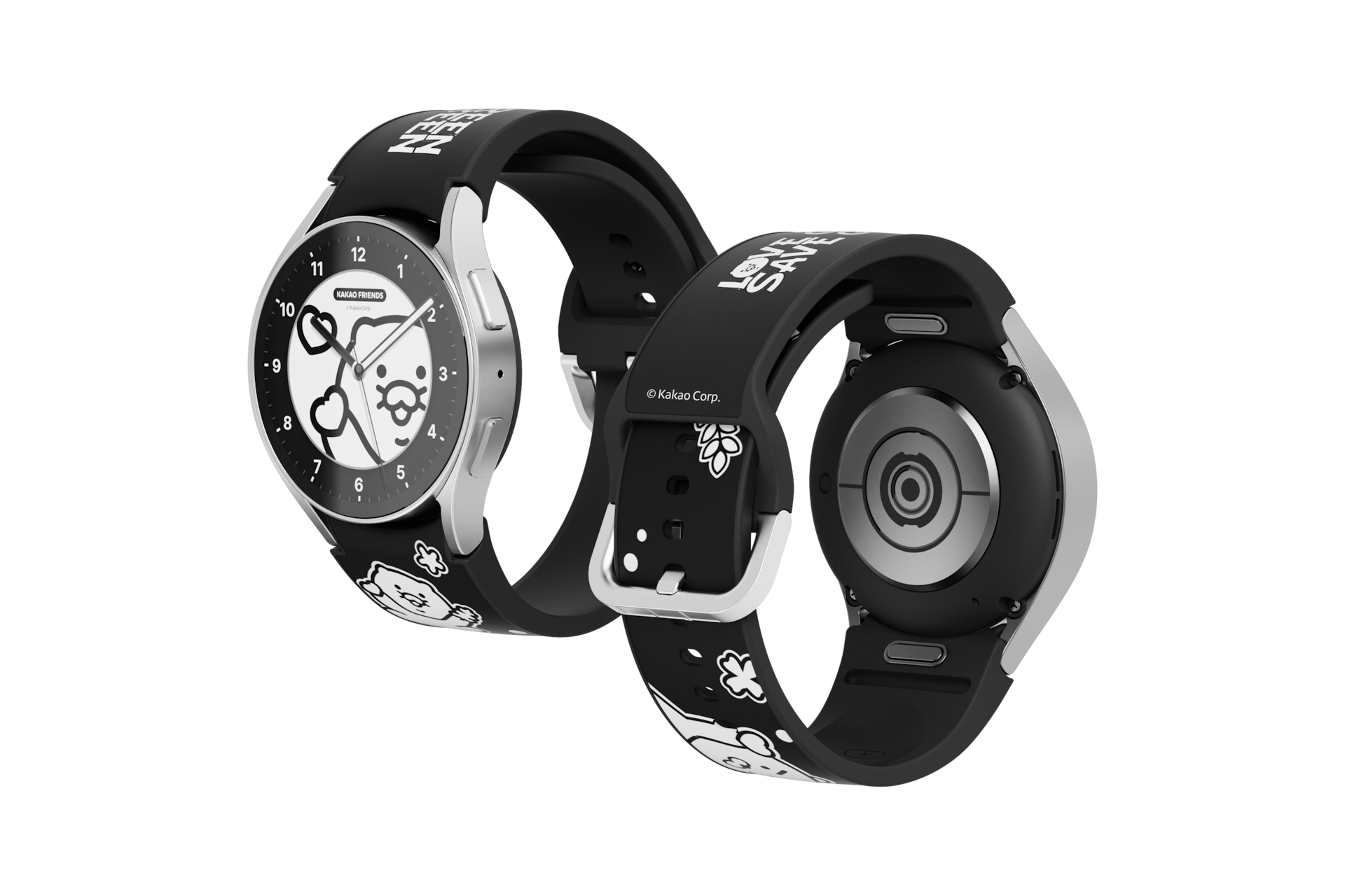 갤럭시 워치6 시리즈 카카오프렌즈 스트랩 (블랙) 제품에 2개의 갤럭시 워치를 각각 장착한 정면, 후면이 보여지는 이미지 