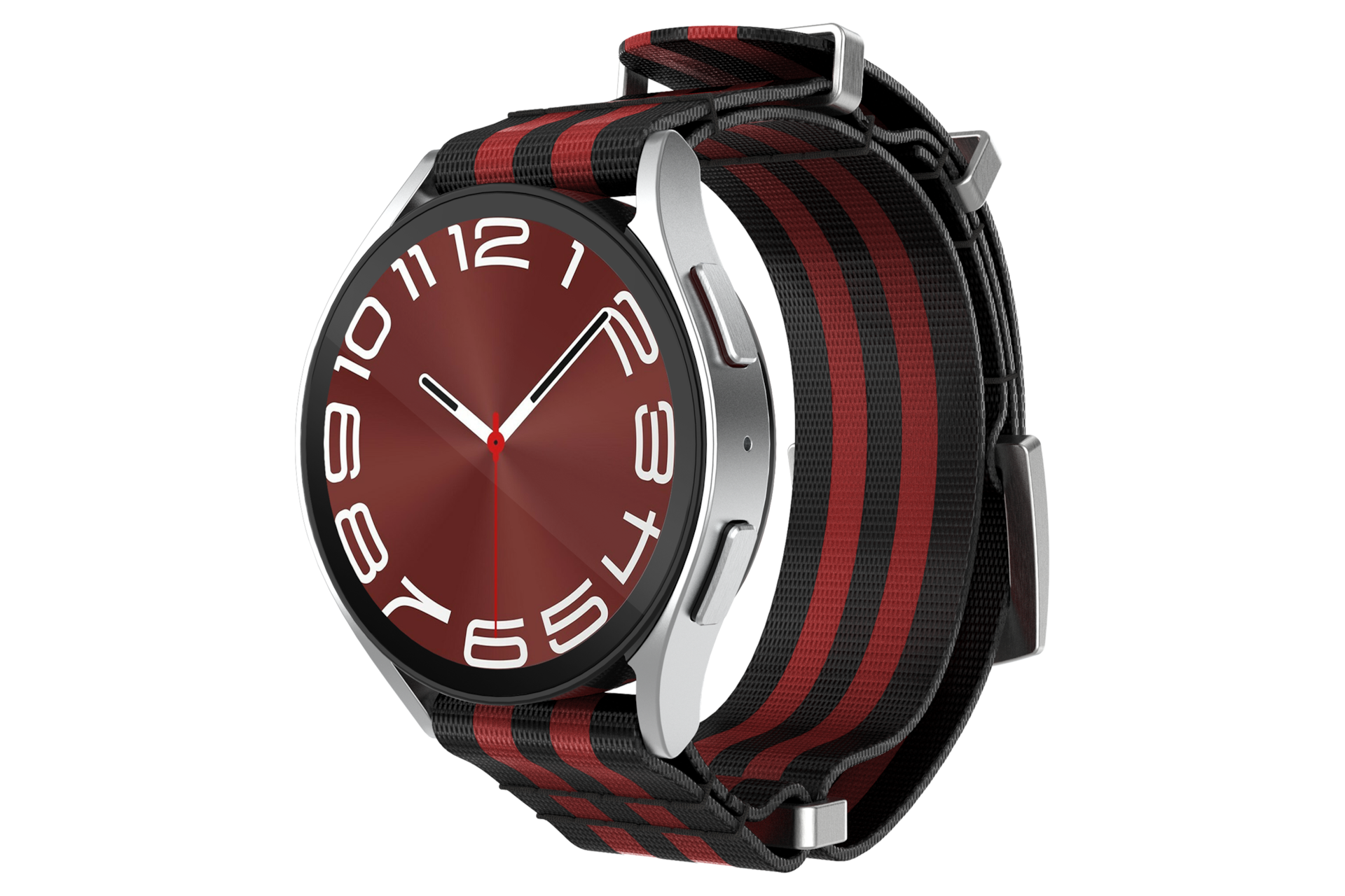 갤럭시 워치6 나토 스트랩 (레드) 제품에 갤럭시 워치를 장착한 왼쪽 회전 이미지 