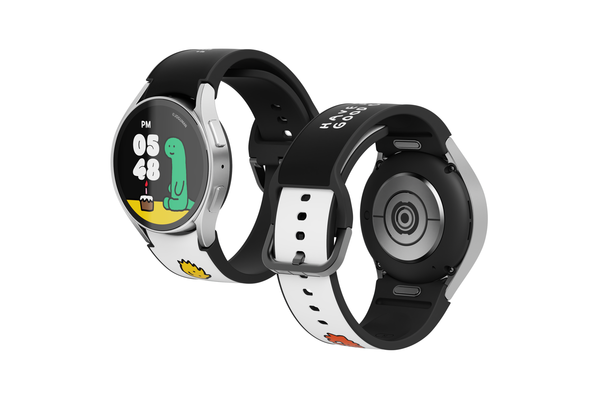 갤럭시 워치6 시리즈 조구만 스튜디오 생일 스트랩 (블랙) 제품에 2개의 갤럭시 워치를 각각 장착한 정면, 후면이 보여지는 이미지 