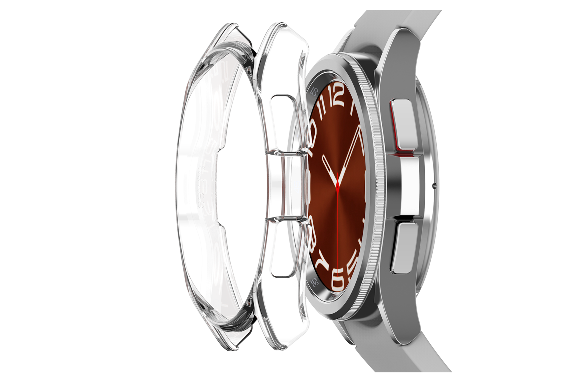 갤럭시 워치6 클래식 클리어 케이스 + 코어 강화 유리 (47 mm) (투명) 제품을 갤럭시 워치에 장착하는 이미지 