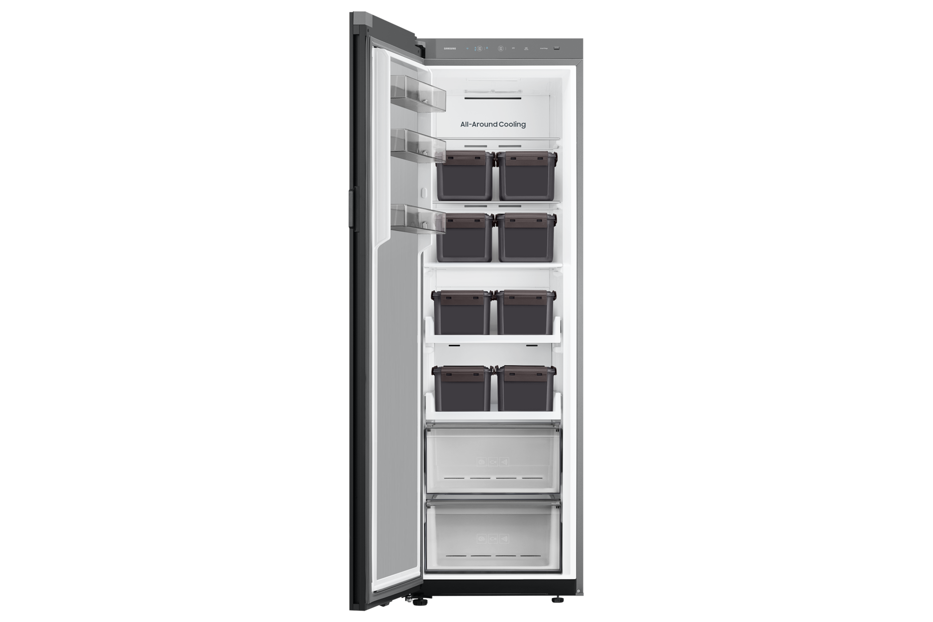 Bespoke AI 김치플러스 1도어 키친핏 348L (우열림) 새틴 그레이 정면, 도어 열림(김치통 포함)