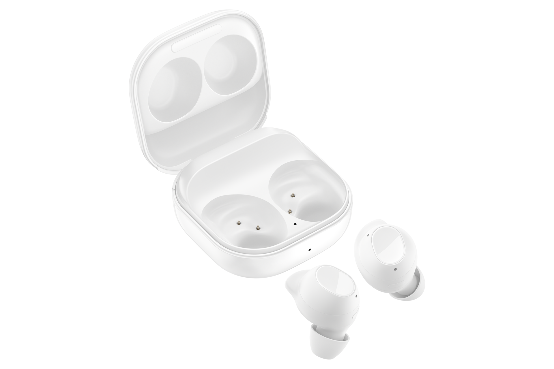 갤럭시 버즈 FE 그라파이트 케이스 뚜껑 열린 옆측면과 이어버드 다양한 각도