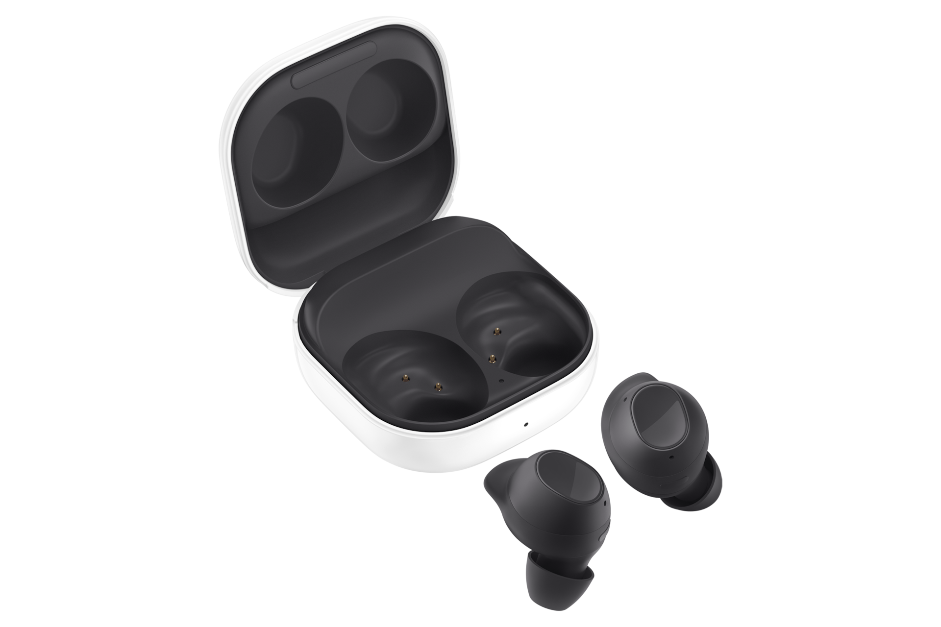 갤럭시 버즈 FE 그라파이트 케이스 뚜껑 열린 옆측면과 이어버드 다양한 각도