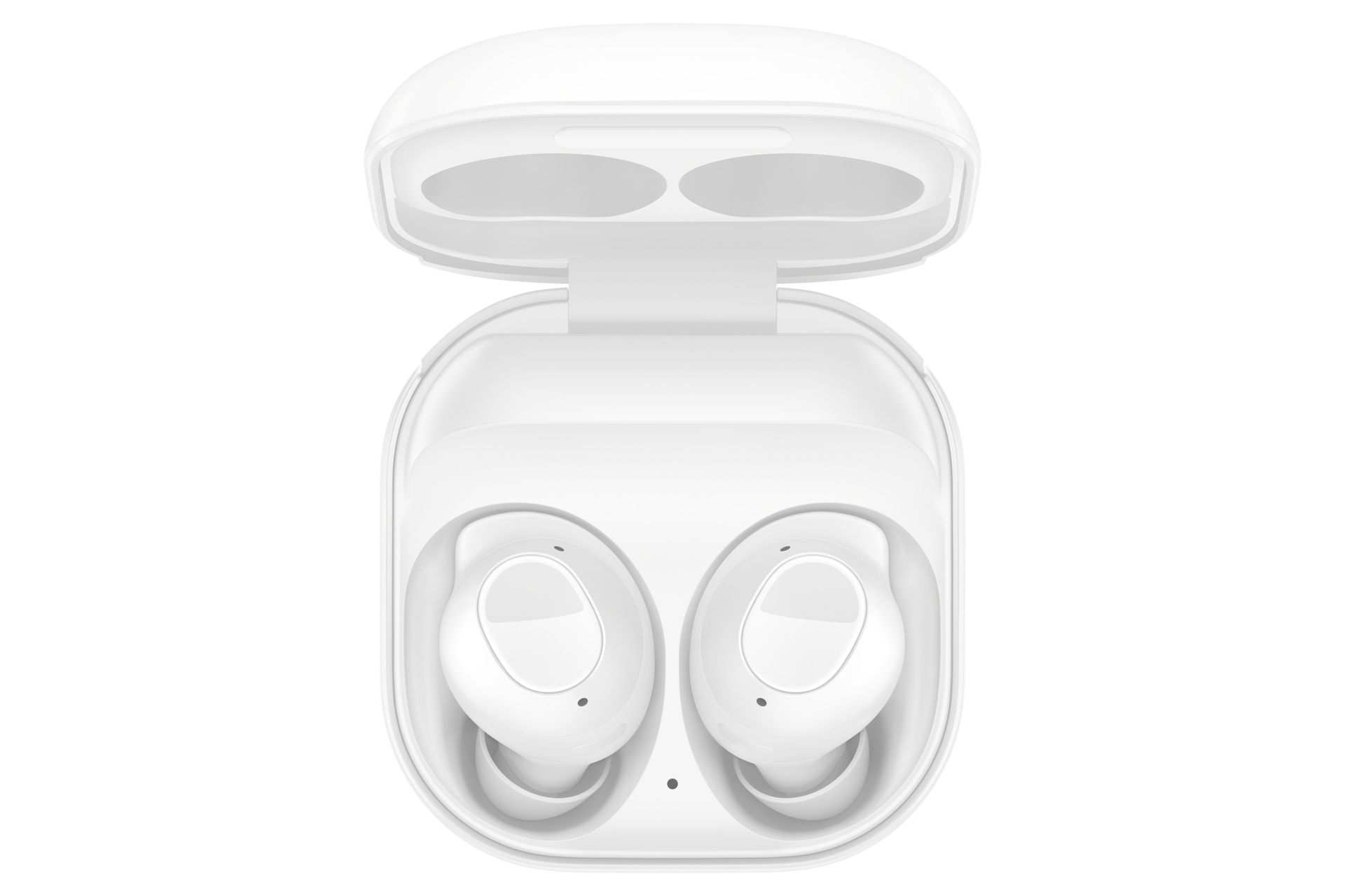 갤럭시 버즈 FE 그라파이트 이어버드 장착된 케이스 뚜껑 열린 윗면