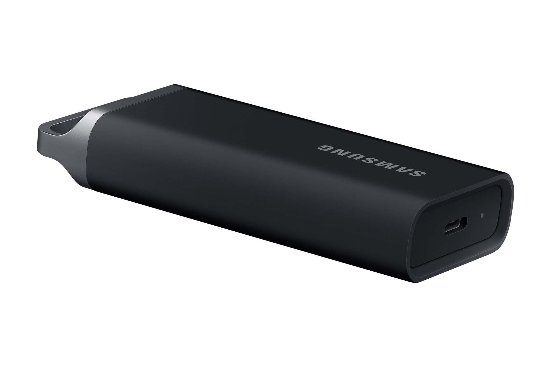 외장 SSD T5 EVO USB 3.2 Gen 1 8 TB 을 바닥에 눕힌 후 왼쪽에서 바라본 이미지