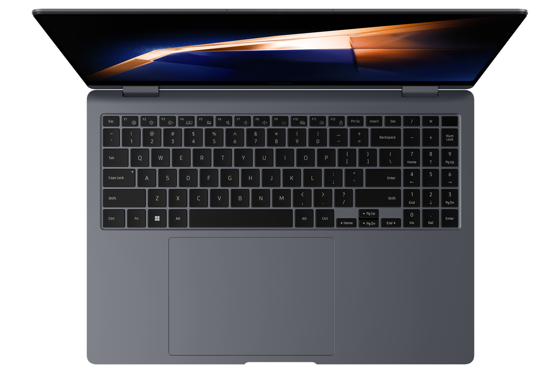 갤럭시 북4 Pro 360 (40.6 cm) Core™ Ultra 7 / 512 GB NVMe SSD 문스톤 그레이 위에서 내려다 본 이미지